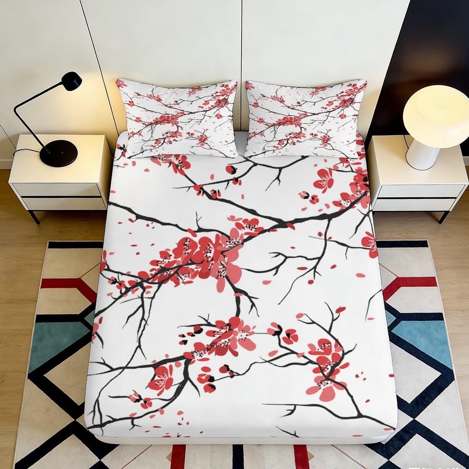Jqzkxnhpbr Style-9 3D Printed Cherry Blossom Fitted Sheet Microfiber Soft Breathable Plum Branch Bed Sheet For Bedroom Dorm Decor 90X200x25cm