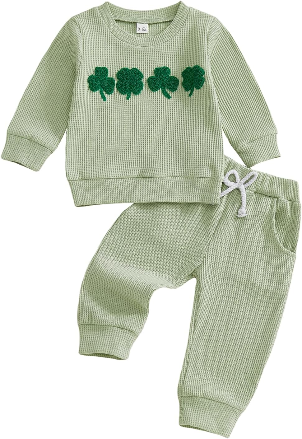 Toddler Baby Boy St. Patrick's Day Outfit Four Leaf Clover Embroidery Sweatshirt Tops Waffle Pants Set