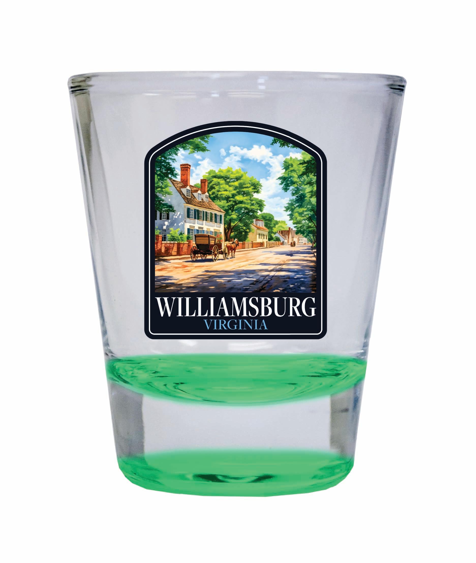 R and R ImportsWilliamsburg Virginia Colonial Street Design Souvenir 2 Ounce Shot Glass Round Green Single