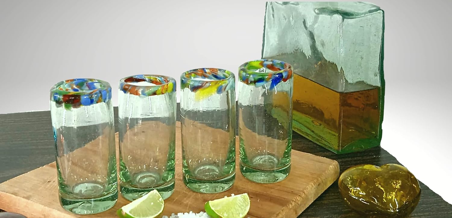 Authentic Mexican Tequila Shot Glasses - Tequila Set of shot glasses - 4 pcs - 2 Oz - Mexican Hand Blown Shot Glass (Confetti Rim)