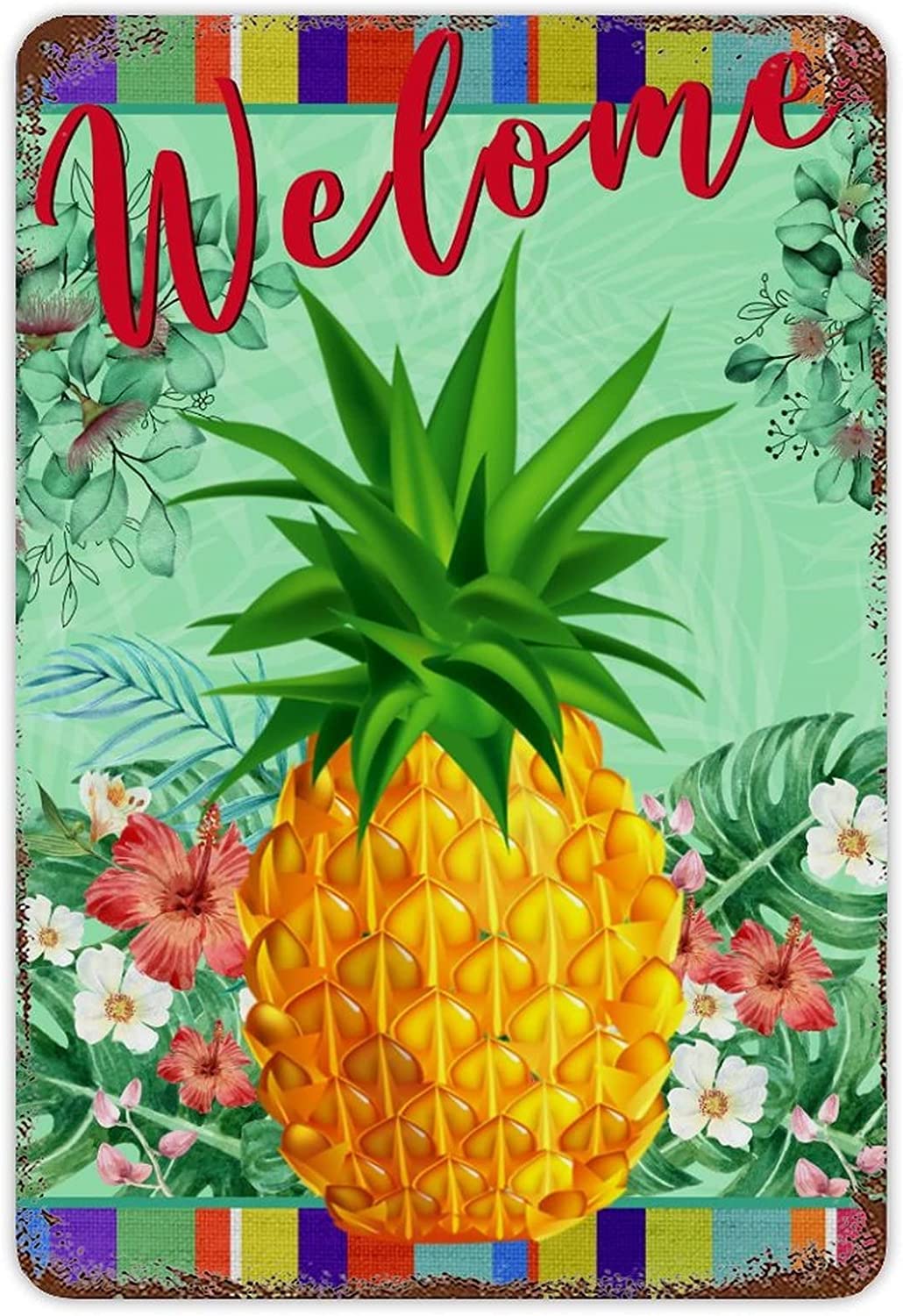 Welcome Pineapple Tin Sign Summer Theme Plants Tin Plaque Watercolor Art Unique Drinking Signs for Kitchen Home Office Bar Cafe Decor 8x12 Inch