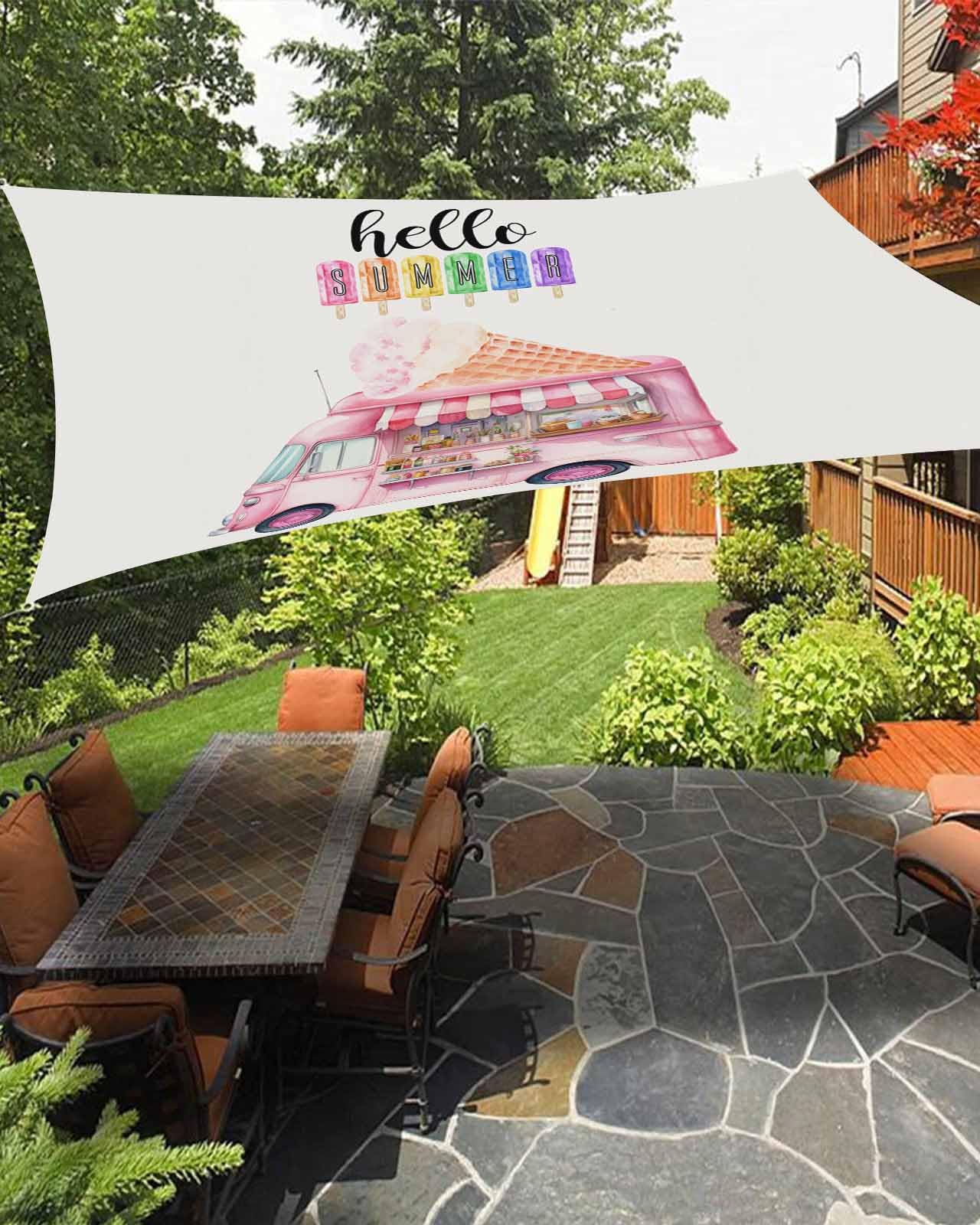 Pink Ice Cream Sun Sail Shades Rectangle Canopy,Sunlight Block Heavy Duty Curved Backyard Shade Cover, Waterproof Sun Shades for Patios Garden Pergola Outdoor,14'x18' Watercolor Summer Watercolor Car