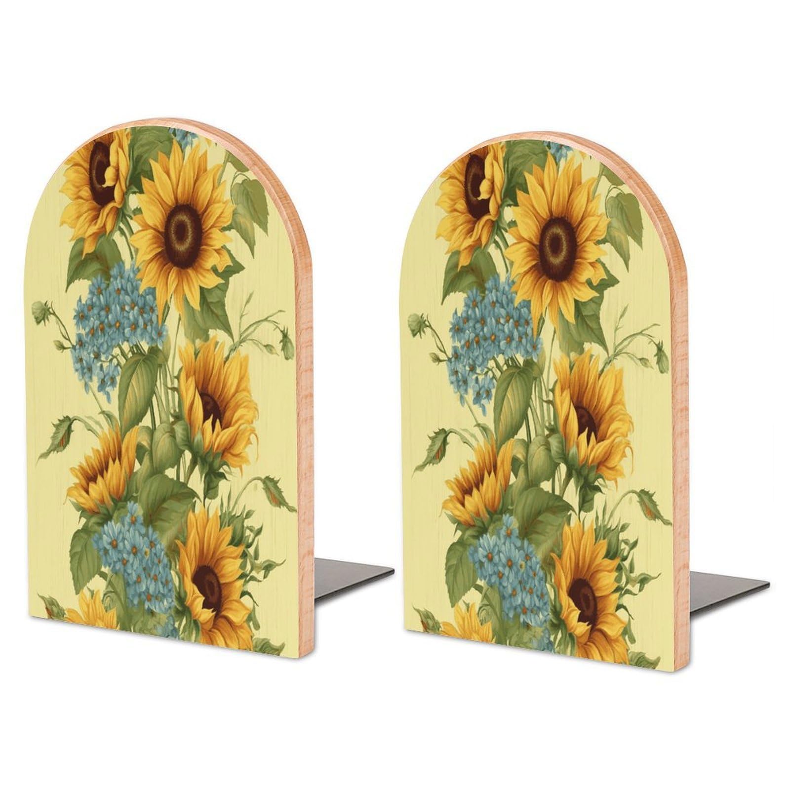 Large Sunflowers Book End with Metal Base Fashion Heavy Duty Bookend Exquisite Wooden Bookends Non-Skid Book Stopper for Shelves Books Organizer for Office Home 1 Pair