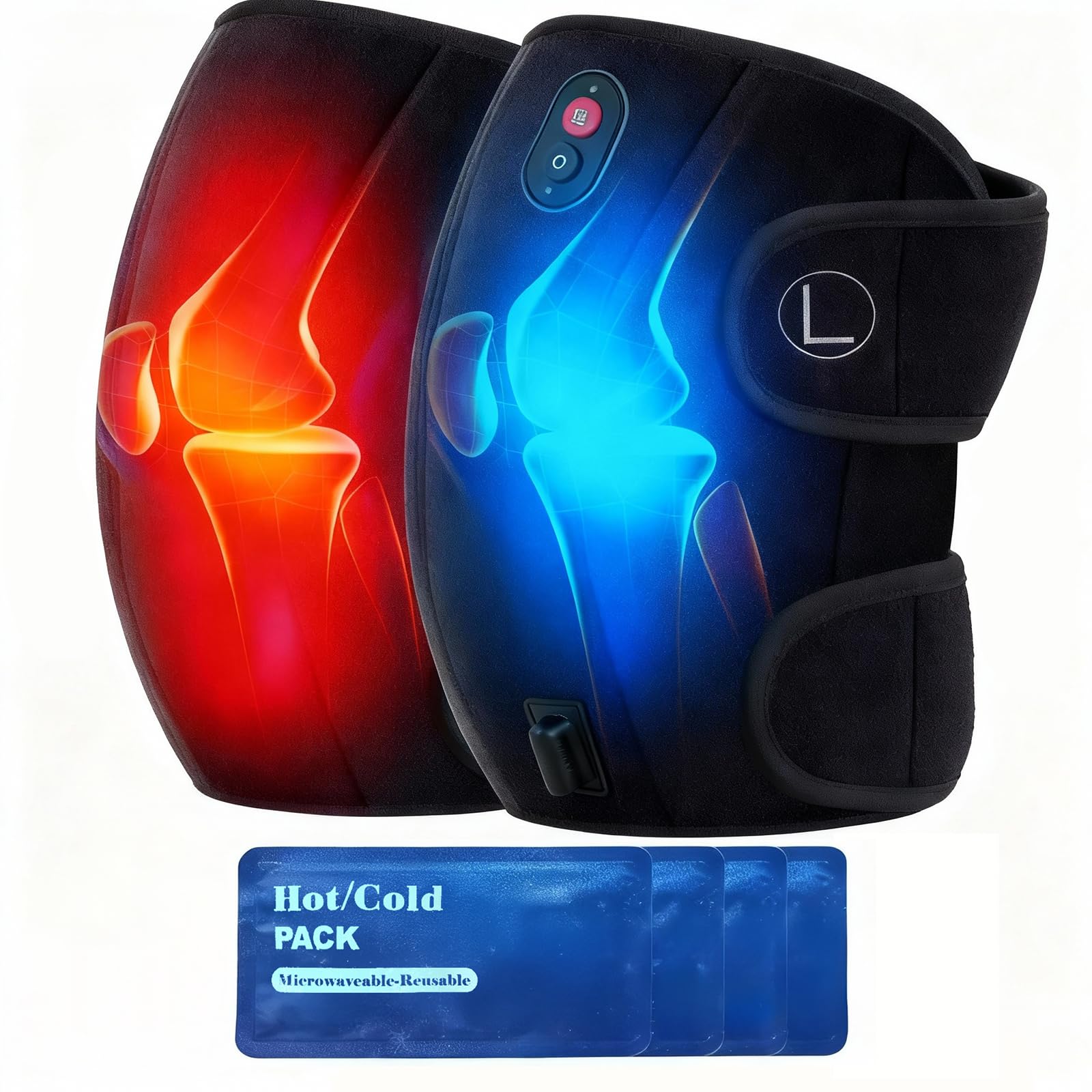 CooCoCo FSA Eligible HSA Knee Massager with Heat, Knee Pain Relief, Knee Heating Pad, Electric Heated Knee Brace with 2 Heating Levels, 5 Vibration Modes, 4pcs 5''x9'' Cold Packs