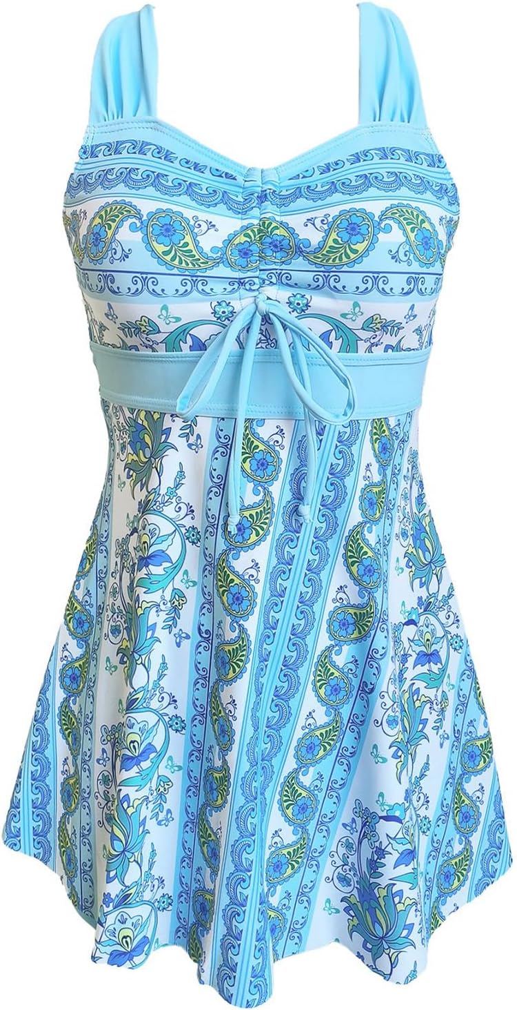 Lu's Chic Women's 2 Piece Tankini Swim Dress Skirted Bathing Suit Modest Ruched Padded Criss Cross Back Swimdress