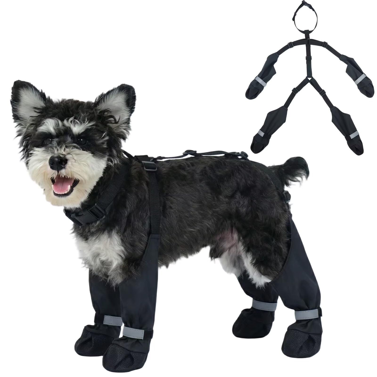 IECOii Dog Boots with Suspenders for Rainy & Snowy Reflective Outdoor Paw Protectors Waterproof & Adjustable Dogs Snow Booties, Dirt-Proof & Anti-Slip Shoes for Small Dogs, Black, Size S