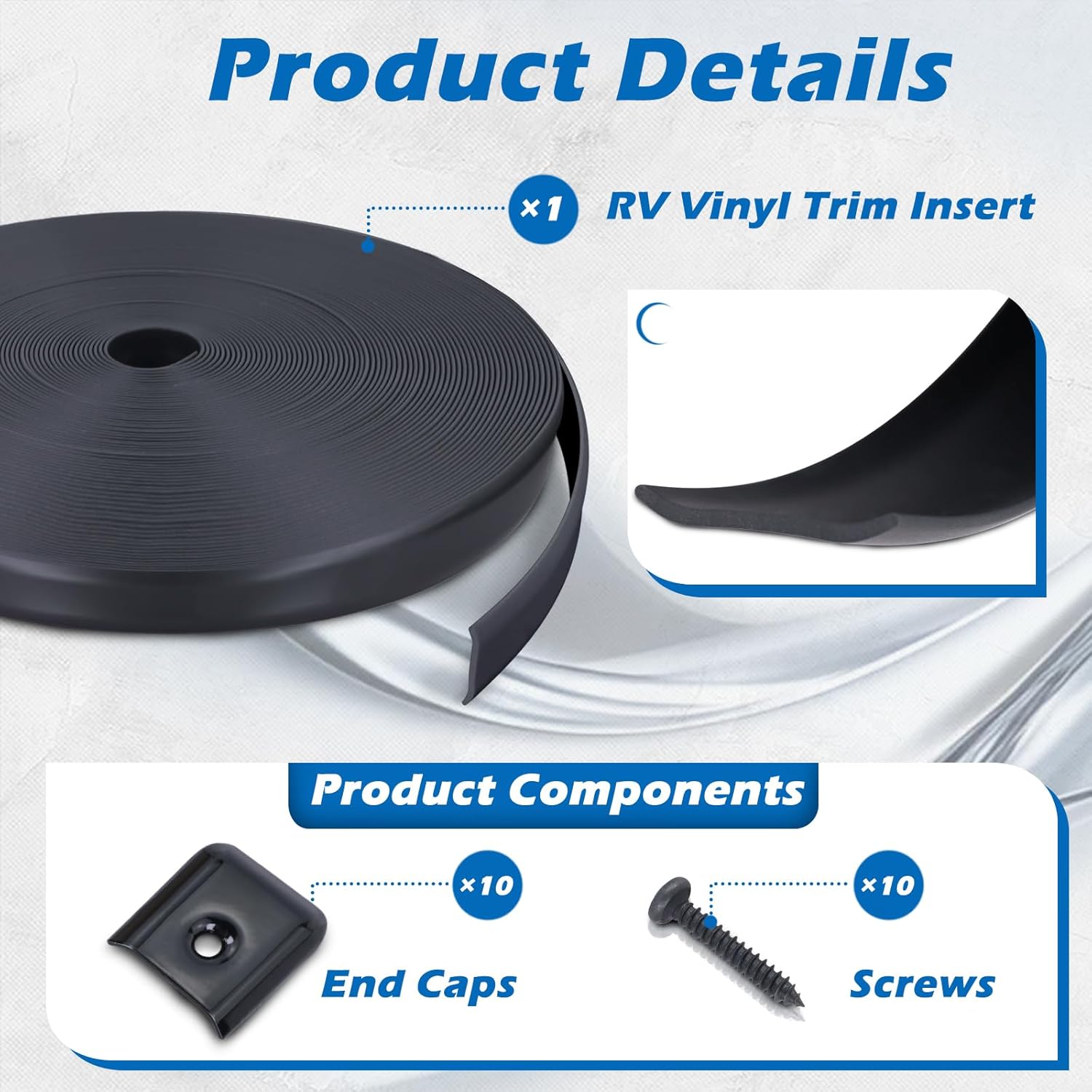 1" RV Trim Molding Insert with Flat Metal End Caps, RV Screw Cover Trim, Vinyl RV Corner Molding, Weather Stripping Roof Gutter Trim Exterior for RV Camper Travel Trailer (Black, 100FT - 1" Wide)