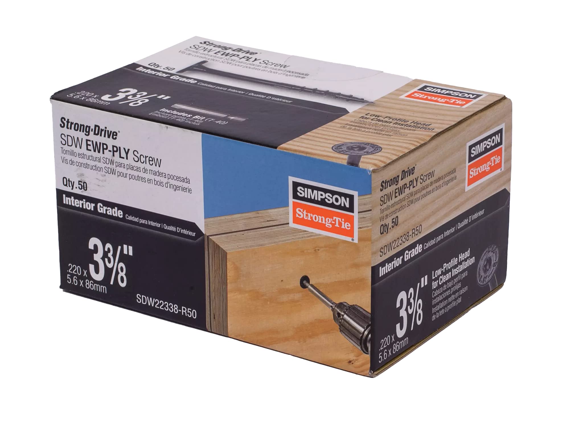 Simpson Strong-Tie SDW22338-R50 Strong-Drive SDW EWP-PLY Screw — .220 in. x 3-3/8 in. T40 6-Lobe, E-Coat (50-Qty)