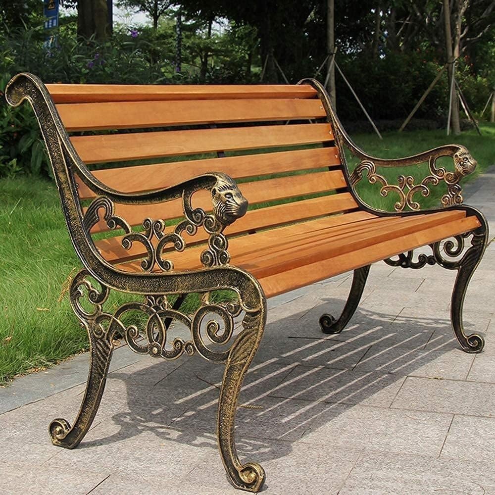 Garden Bench Outdoor Park Terrace Bench Cast Iron Frame and Wood Seat Plate Courtyard Decorative Bench(B,125X58X78CM)