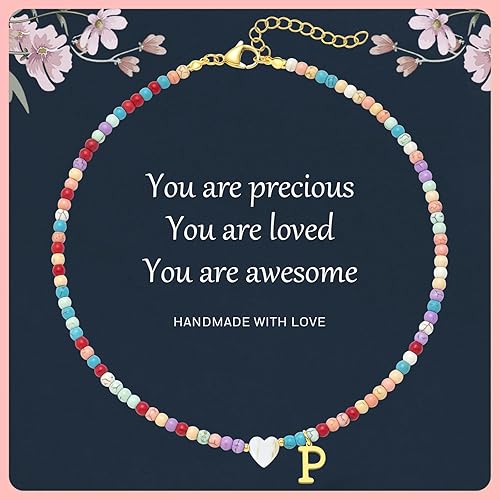 Collar de cuentas con inicial de oro colorido para mujer, hecho a mano, para niñas, de acero inoxidable con cuentas de colores, gargantilla de oro