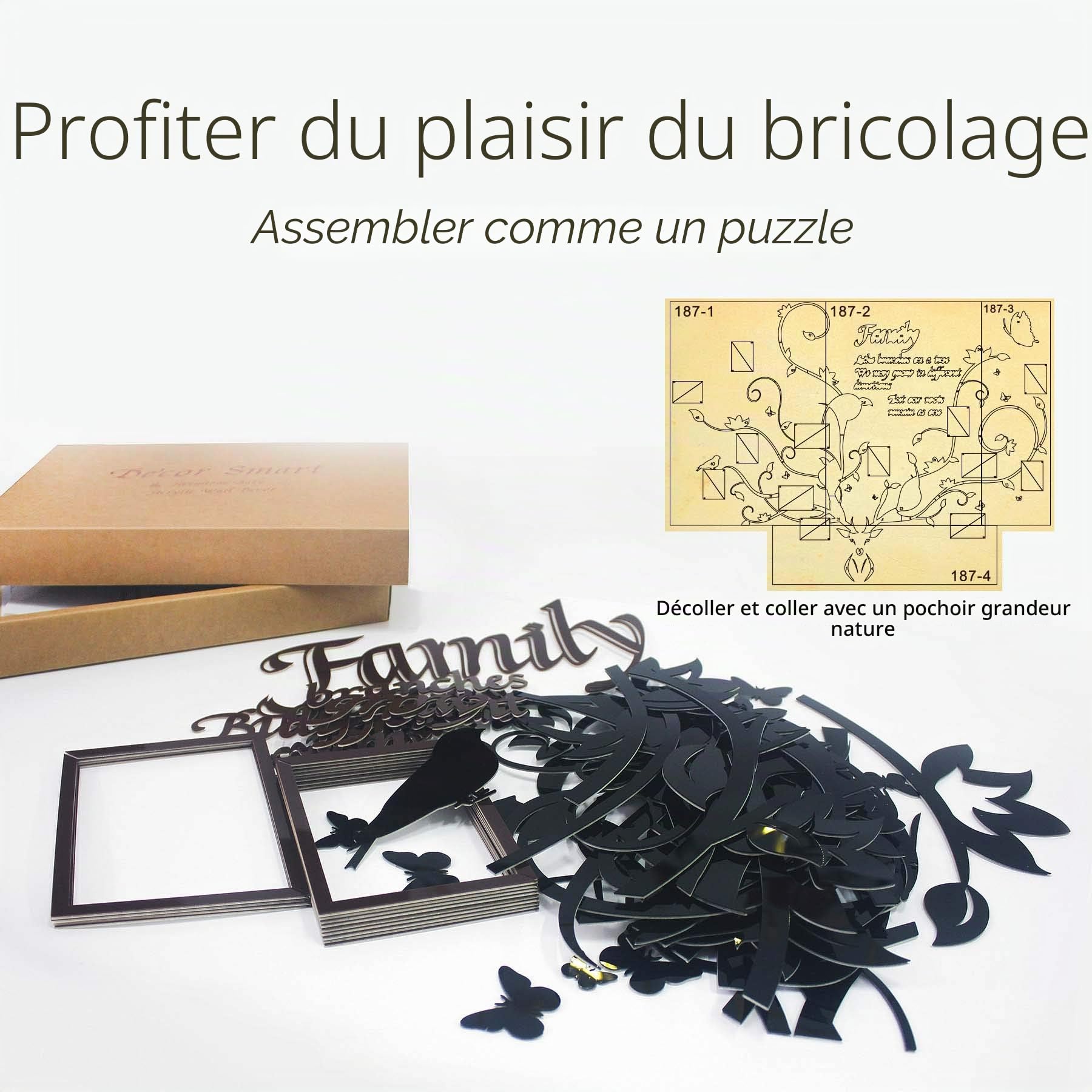 DecorSmart Décoration murale 3D en forme d’arbre généalogique, cadre photo amovible avec tête de cerf et citation de famille
