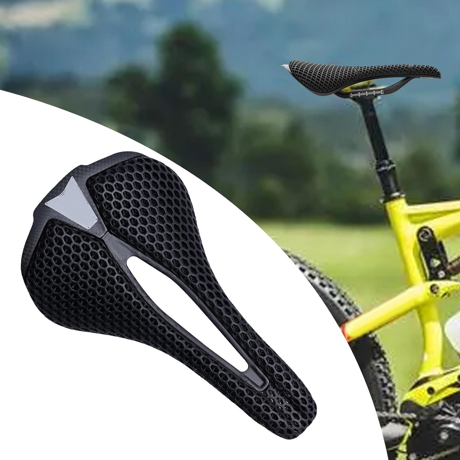 Three-Dimensional Printed Bike Saddle, Carbon Seat, Hexagonal mesh Breathable Vibration dampening Absorption Ergonomic Padding for Street Trail Bikes, 25cm x 14cm, Black