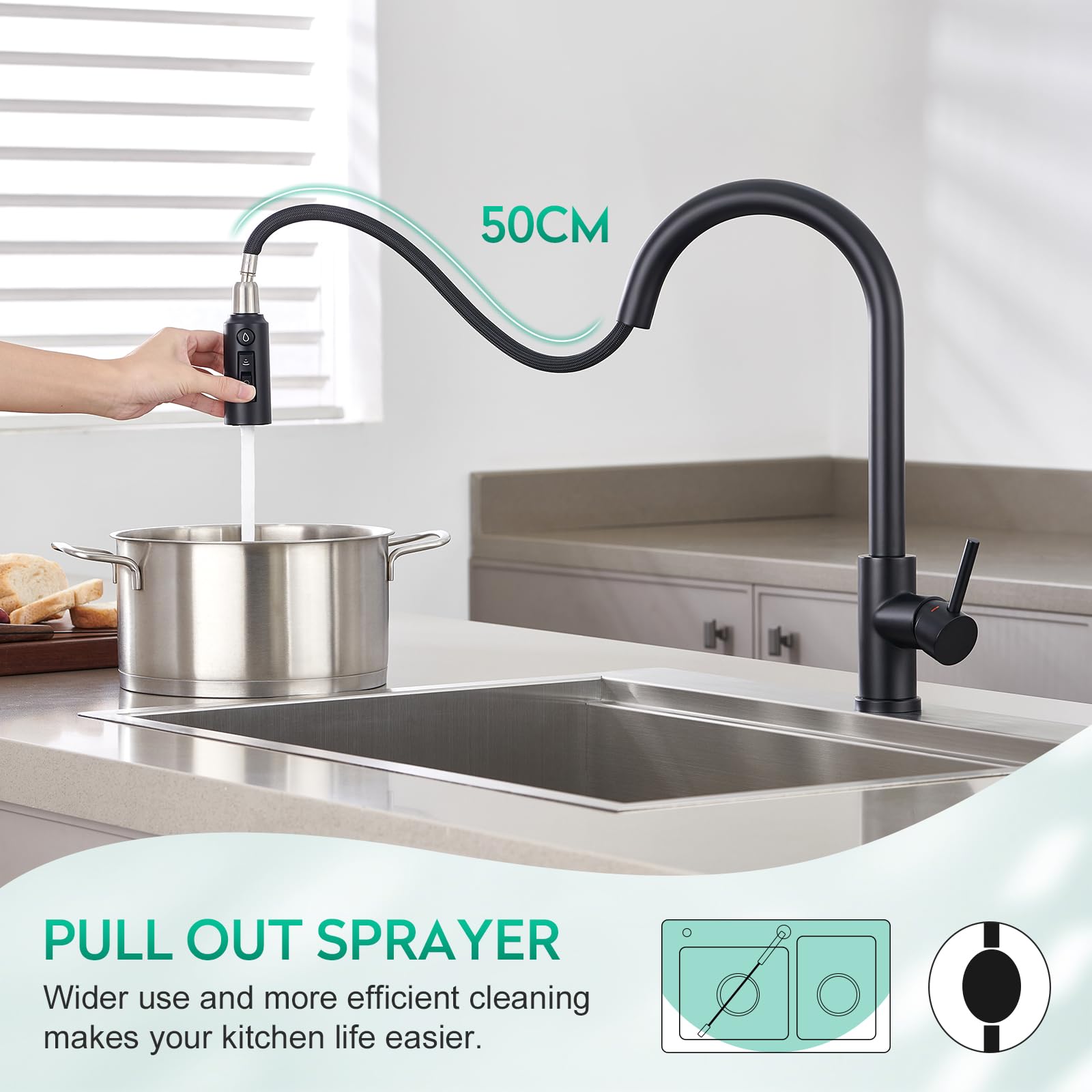 CREA 3 Wege Küchenarmatur mit Brause, Drei Wege Wasserhahn Küche Ausziehbar, 360° Drehbar 3 Wege Mischbatterie, Einhand Trinkwasserhahn, 3 in 1 Spültischarmatur, 3 Wege Armatur aus Edelstahl,Schwarz