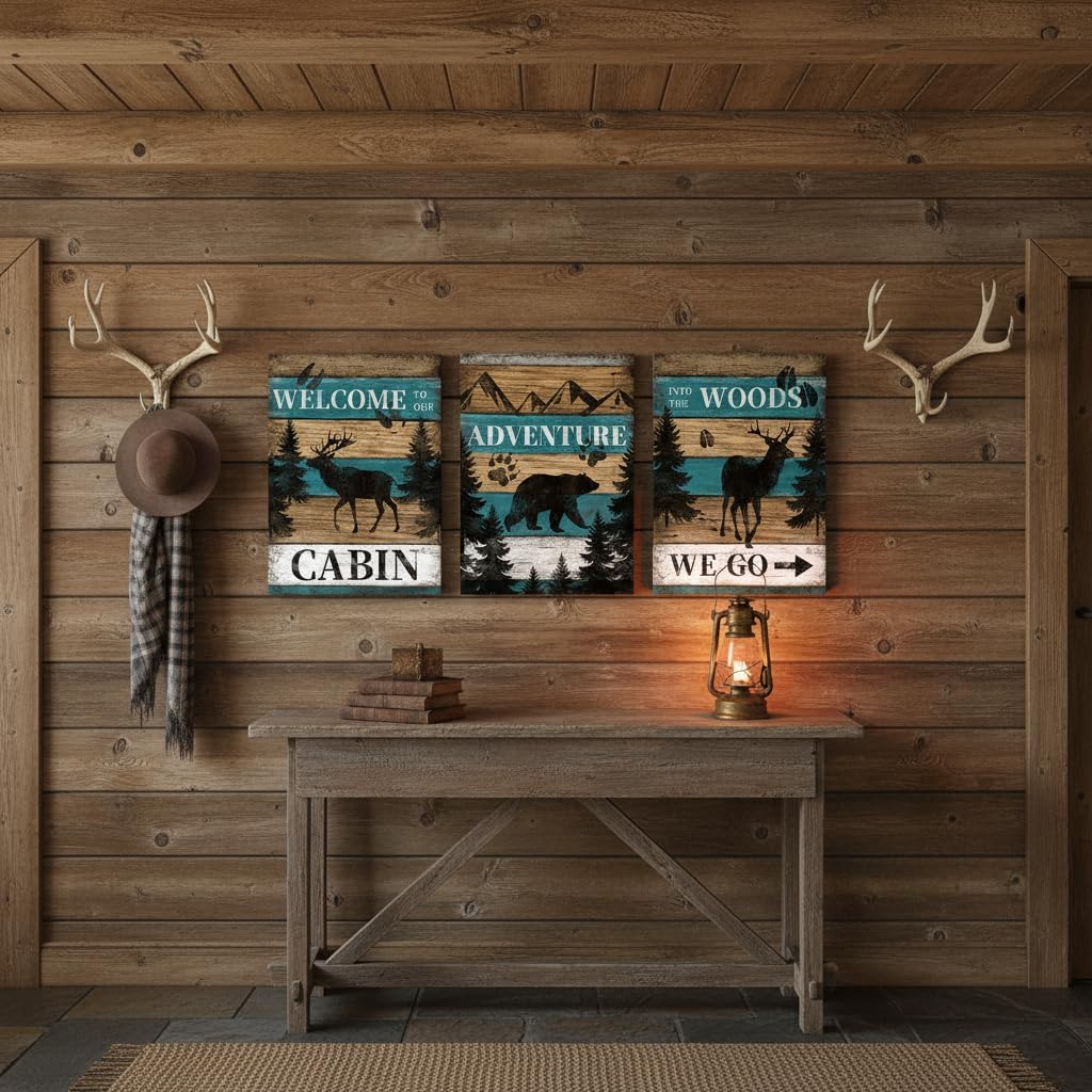 RnnJoile Rustic Cabin Decor Deer Bear Moose Pictures Wall Art Teal Woodland Forest Animals Paintings for Farmhouse Home Decor Framed 12x16 inches each (Teal)