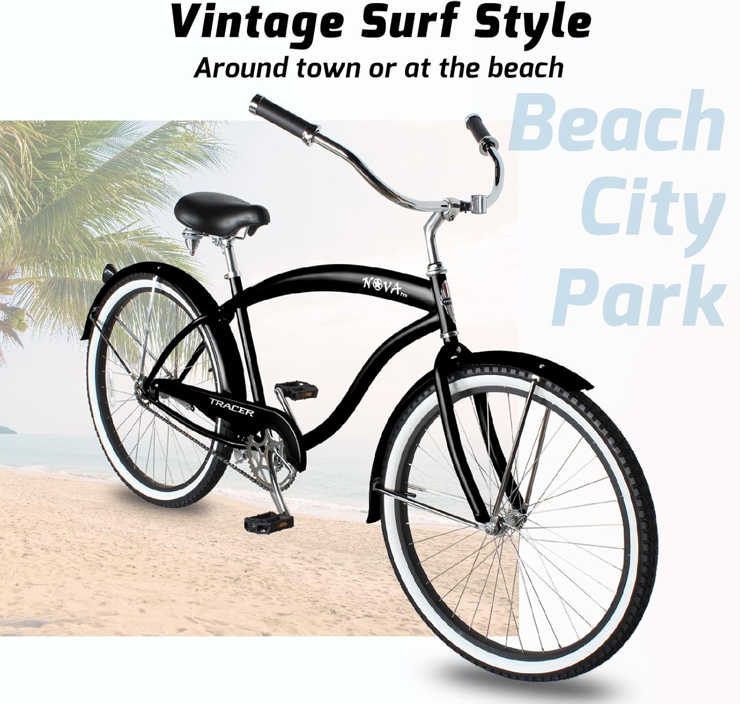 Tracer NOVA Beach Cruiser Bike for Adults, 26 Inch Wheels Single-Speed, 26x3.0 Fat Tires Hi Ten Steel Frame Coaster Brake, Suitable for Men, Women