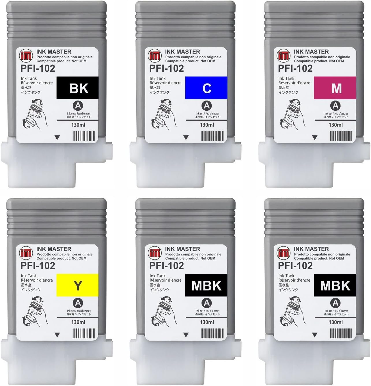 Ink Master - SET 6 Remanufactured cartridge CANON PFI-102 CMYKMkMk for Canon IPF 500 510 600 605 610 650 655 700 710 720 750 755 760 765 LP17 LP24