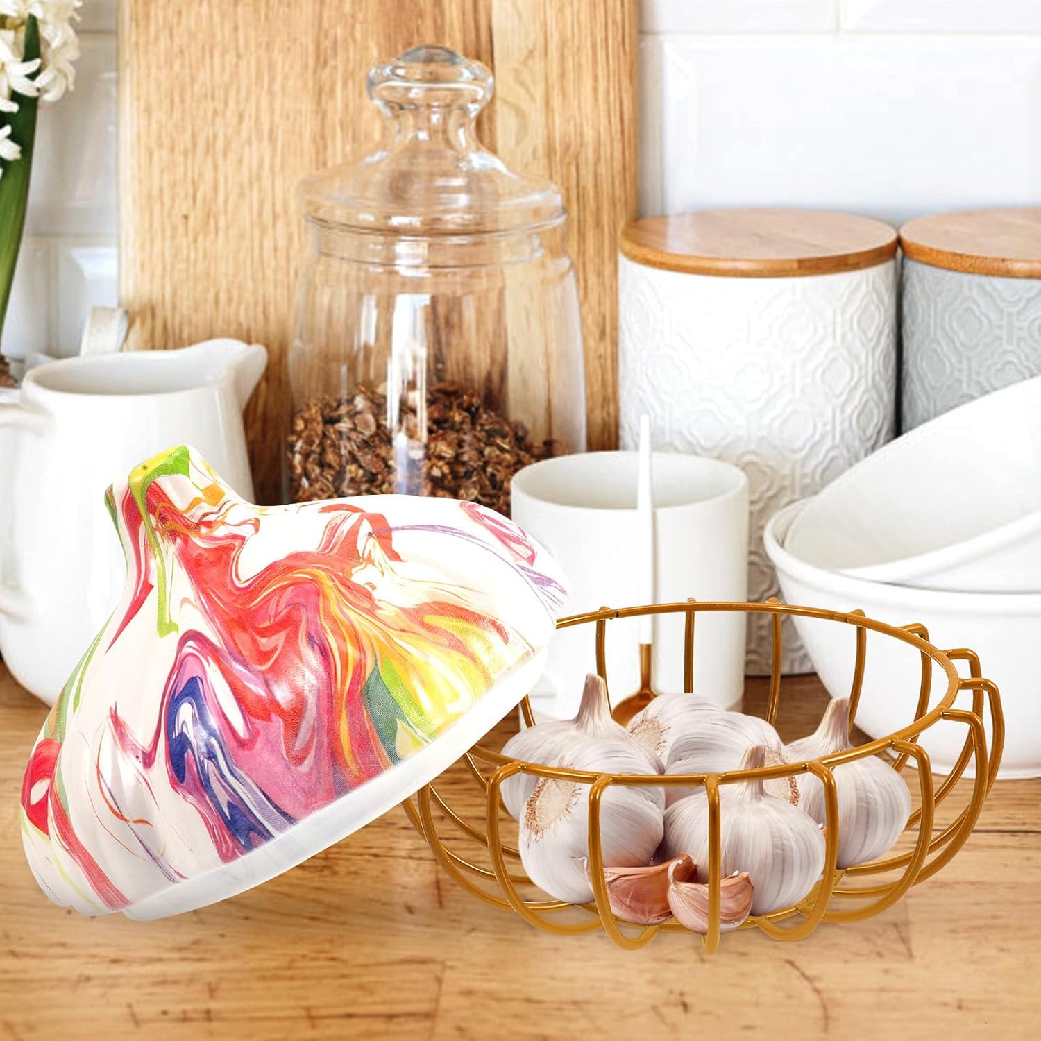 VILLCASE Multi-function Garlic Shape Iron Storage Basket with Lid Decorative Egg Holder and Kitchen Fruit Storage Box Convenient Rack for Home Organization