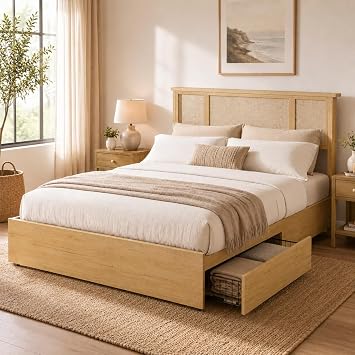 IDEALHOUSE Full Bed Frame with Natural Rattan Headboard, Slats, Bohemian-Style Cane Mattress Support, Strong Metal Base with Resilient Wooden, No Box Spring Needed