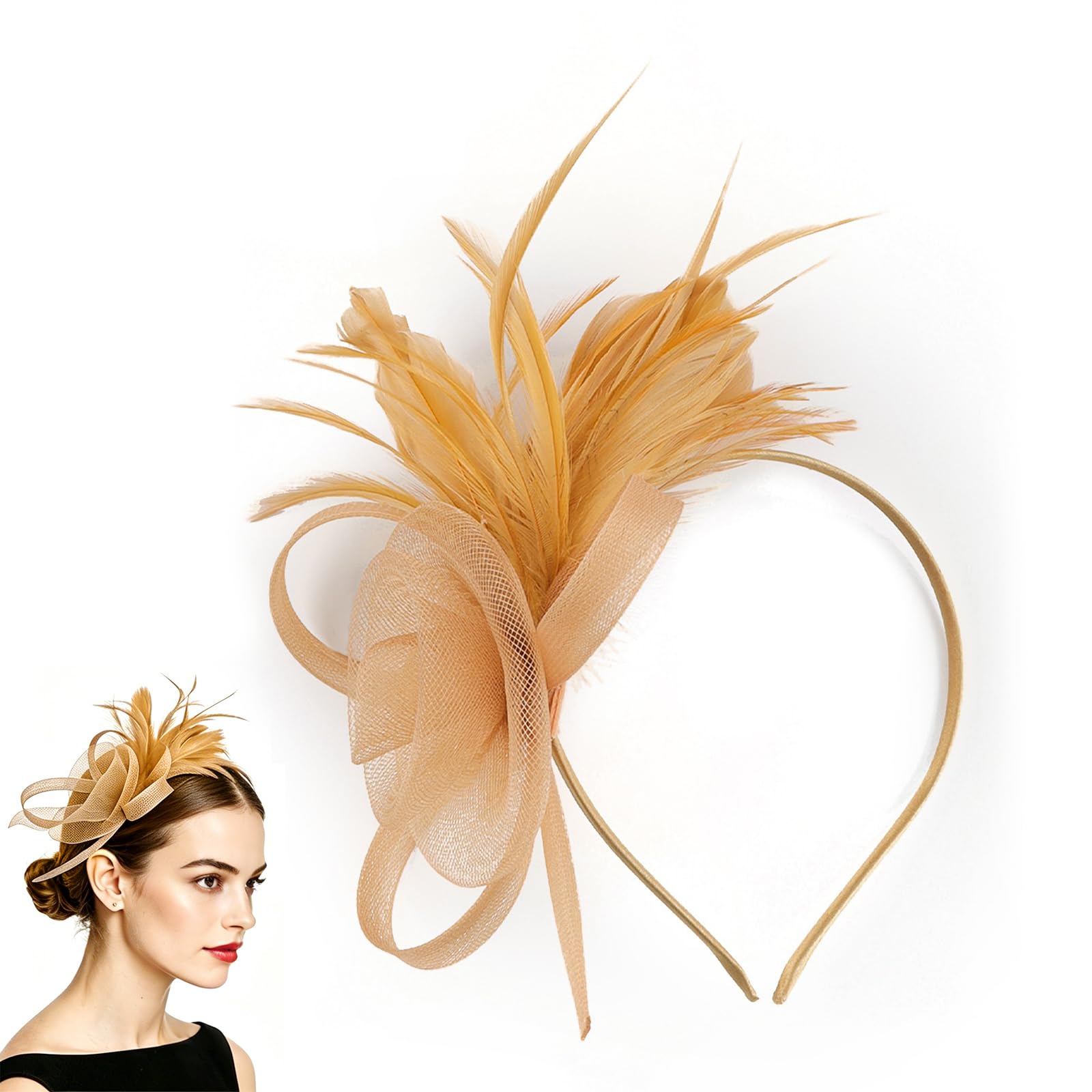 Chersun Women's Gold Fascinators For Elegant Net Fascinator Wedding Hat Clip, Vintage Lace Feather Fascinators For Weddings, Fascinator For Wedding Cocktail Evening Garden Tea Party (Gold)