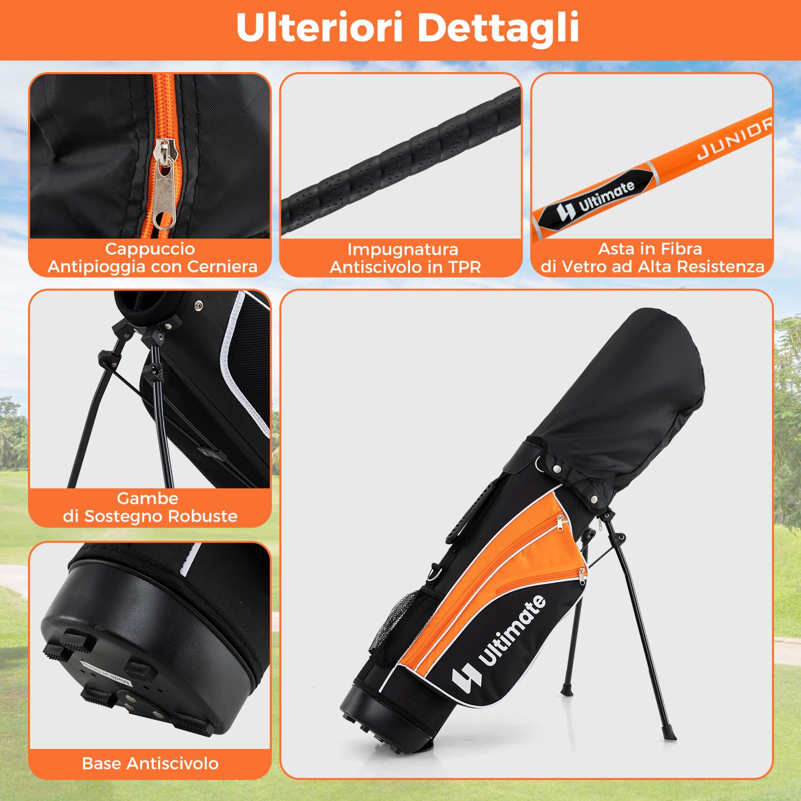 COSTWAY Set Completo di Mazze da Golf per Bambini, Inculude Fairway 3, Ferri 7 e 9, Putter, Copritesta, Borsa Portatile e Cappuccio Antipioggia, Set da Golf per Destrimano