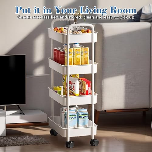 Miniatura 4 de BEITSLEE Carrito de almacenamiento utilitario de 4 niveles, carrito de almacenamiento con asa y ruedas bloqueables, carrito organizador de