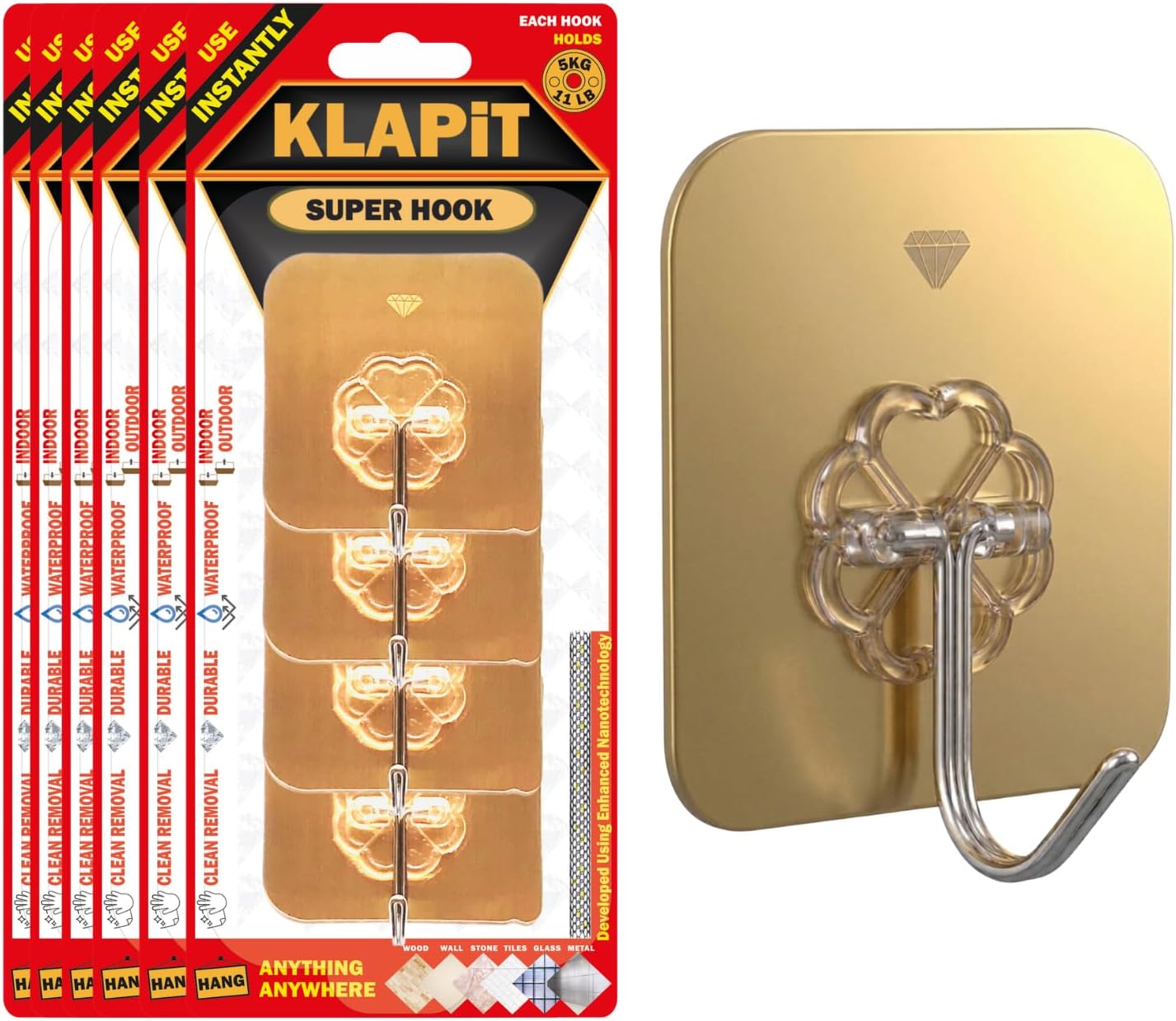 KLAPiT Super Hook - Heavy-Duty Adhesive Gold Wall Hooks, Holds Up to 11 lbs, Waterproof, No Damage, Easy Install on Tile, Wood, Stone, Glass & Metal - Made of Steel (Gold, 24pc)