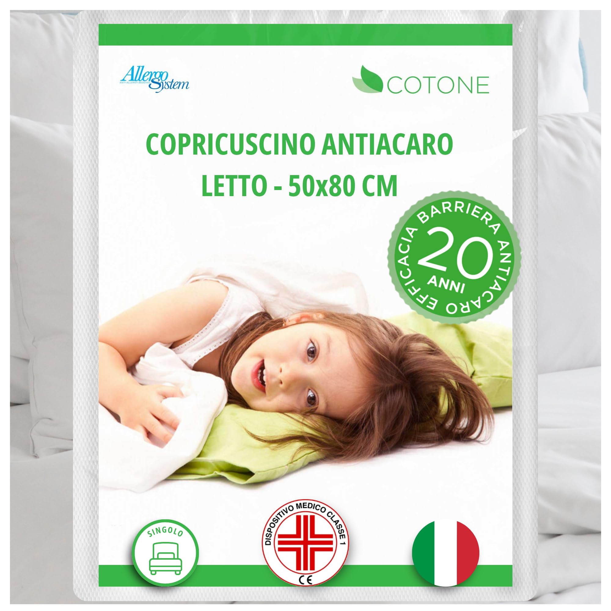 Allergosystem Copricuscino Antiacaro - Federa Cuscino Letto Cotone 50x80cm - Dispositivo Medico Antiacaro e Anallergico MADE IN ITALY - Linea Cotone (50x80cm)
