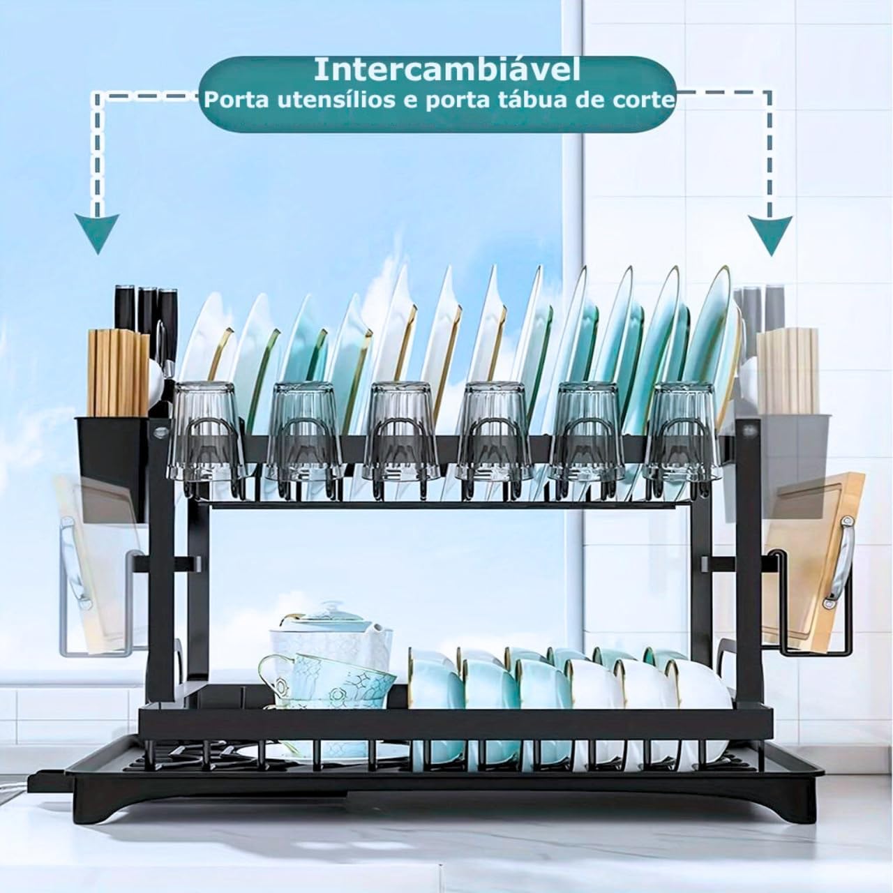 Escorredor de Louça Completo em Aço Carbono Organizador Escorredor de Pratos Inox, Suporte para Talheres, Copos, Tábuas, Facas e Bandeja de Drenagem de Água