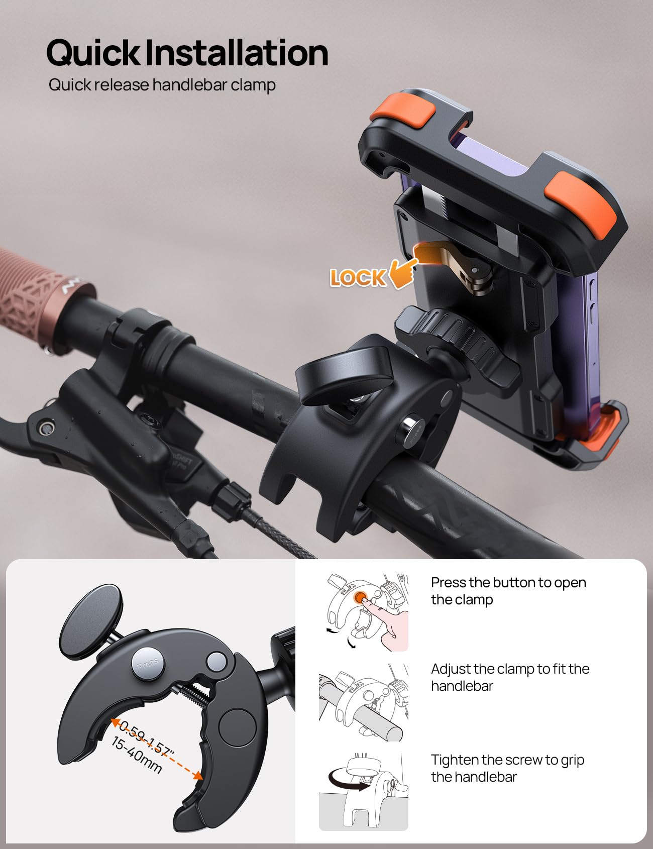 Aomiker Soporte para teléfono de motocicleta para bicicleta, liberación rápida 2024, abrazadera para manubrio, clip de teléfono para iPhone 15, 14, 13, 12, 11 Pro Max Plus Mini, 4.7-6.8 pulgadas