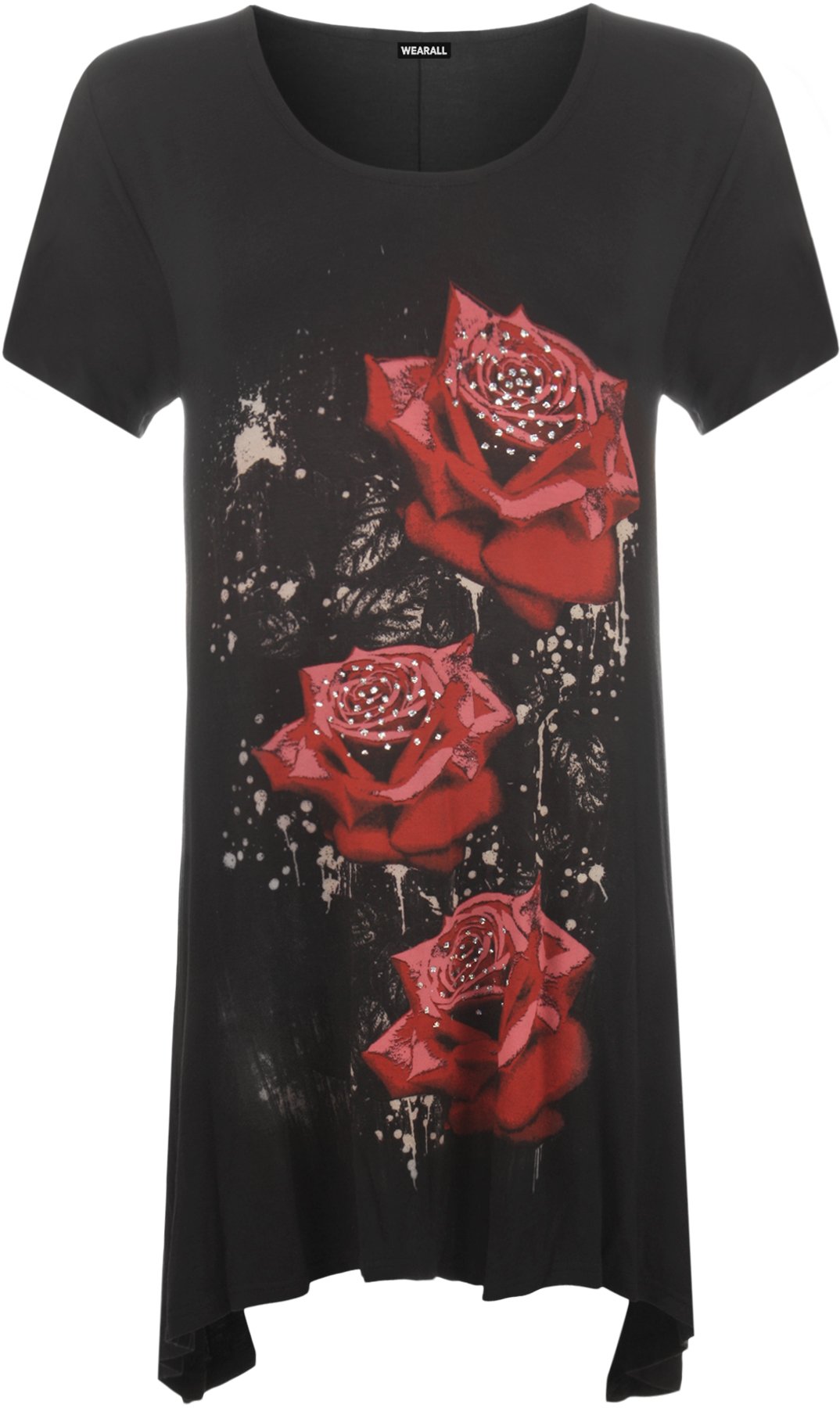 Wearall Women's Black Plus Size Glitter Rose Print Hanky Hem Short Sleeve Long Top 22/24
