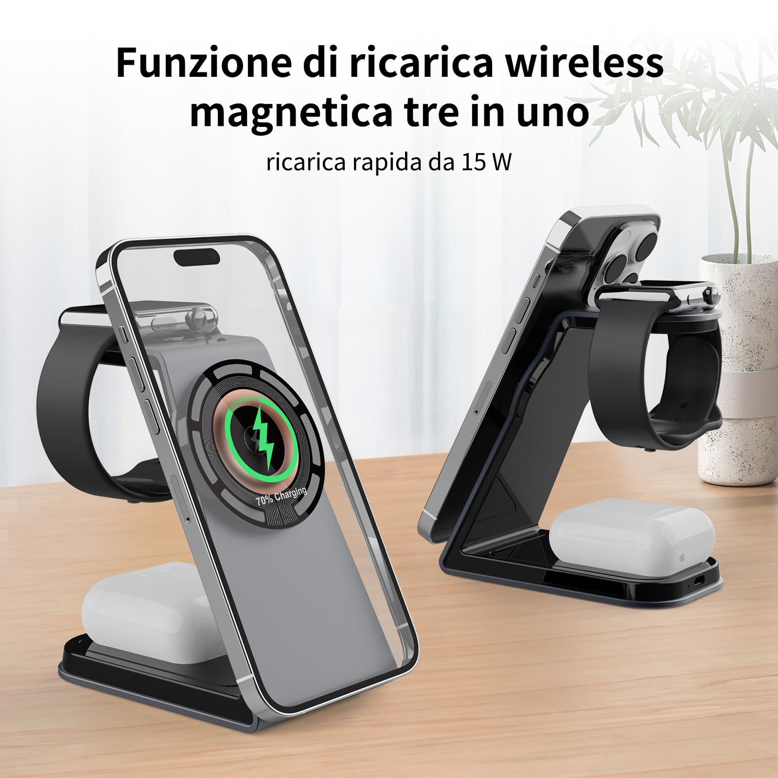 Ossky Caricabatterie wireless magnetico, Caricatore wireless 3 in 1, Ricarica wireless magnetica veloce da 15 W per i-Phon serie 14/13/12, serie i-Watc, Air-po-s 3/2/pro