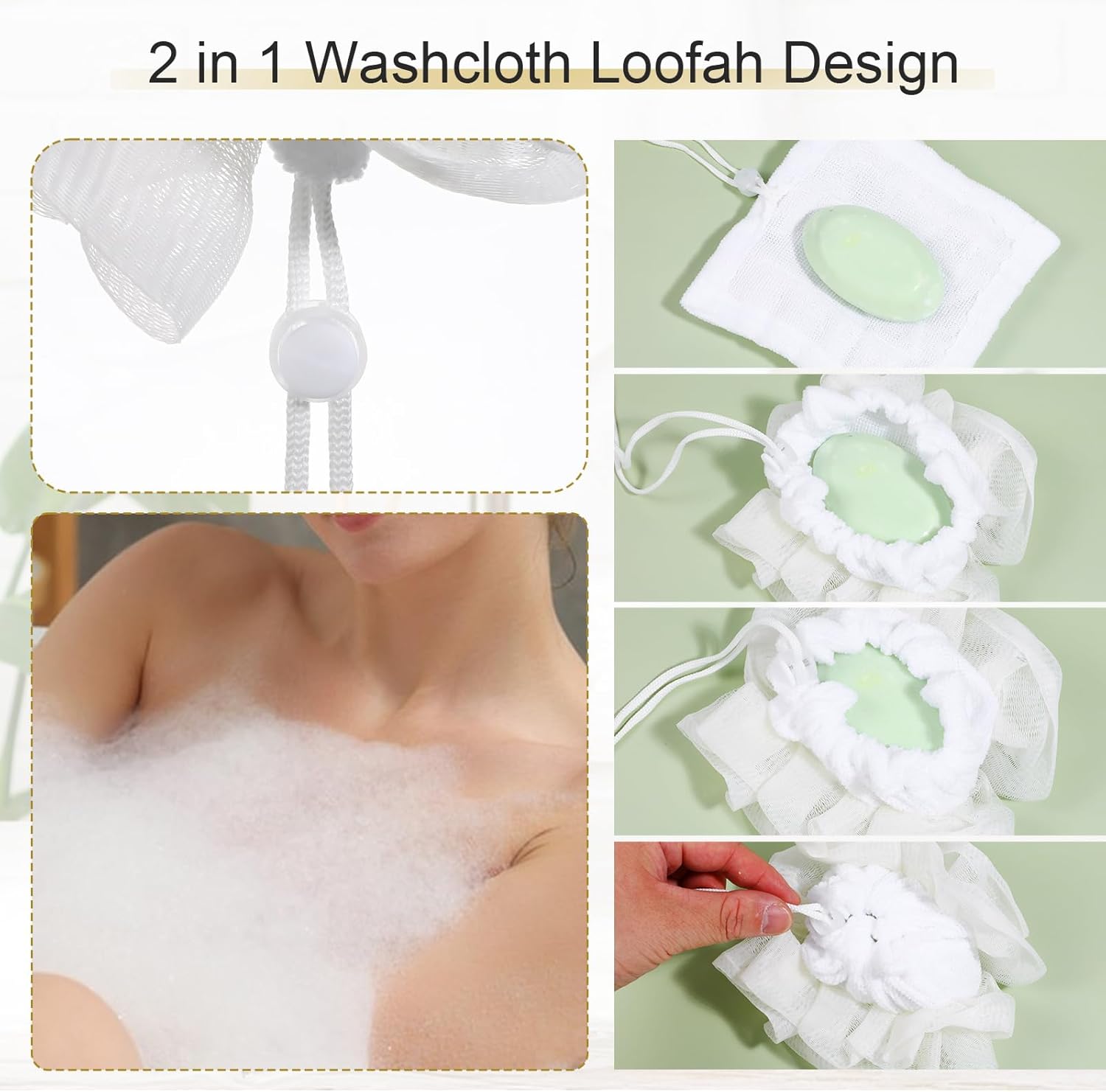 2 in 1 Bar Soap Loofah, Loofah Sponge Washcloth, Bath Sponge Shower Scrubber, Dual-Sided Shower Washcloths with Drawstring for Cleansing and Smooth Skin (Beige) - Image 3