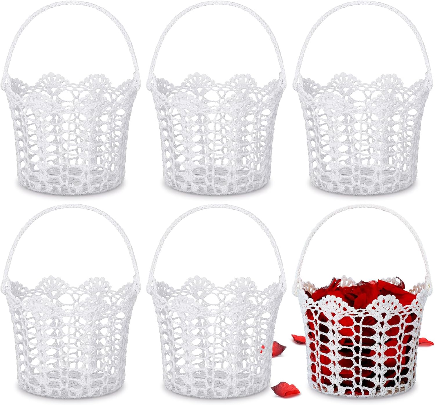 6 Pcs Flower Girl Baskets for Weddings Woven Basket with Handle Wedding Gift Flower Baskets for Rose Petals Candy Gift Storage, 8.27 x 7.09 x 4.72 Inch (White)