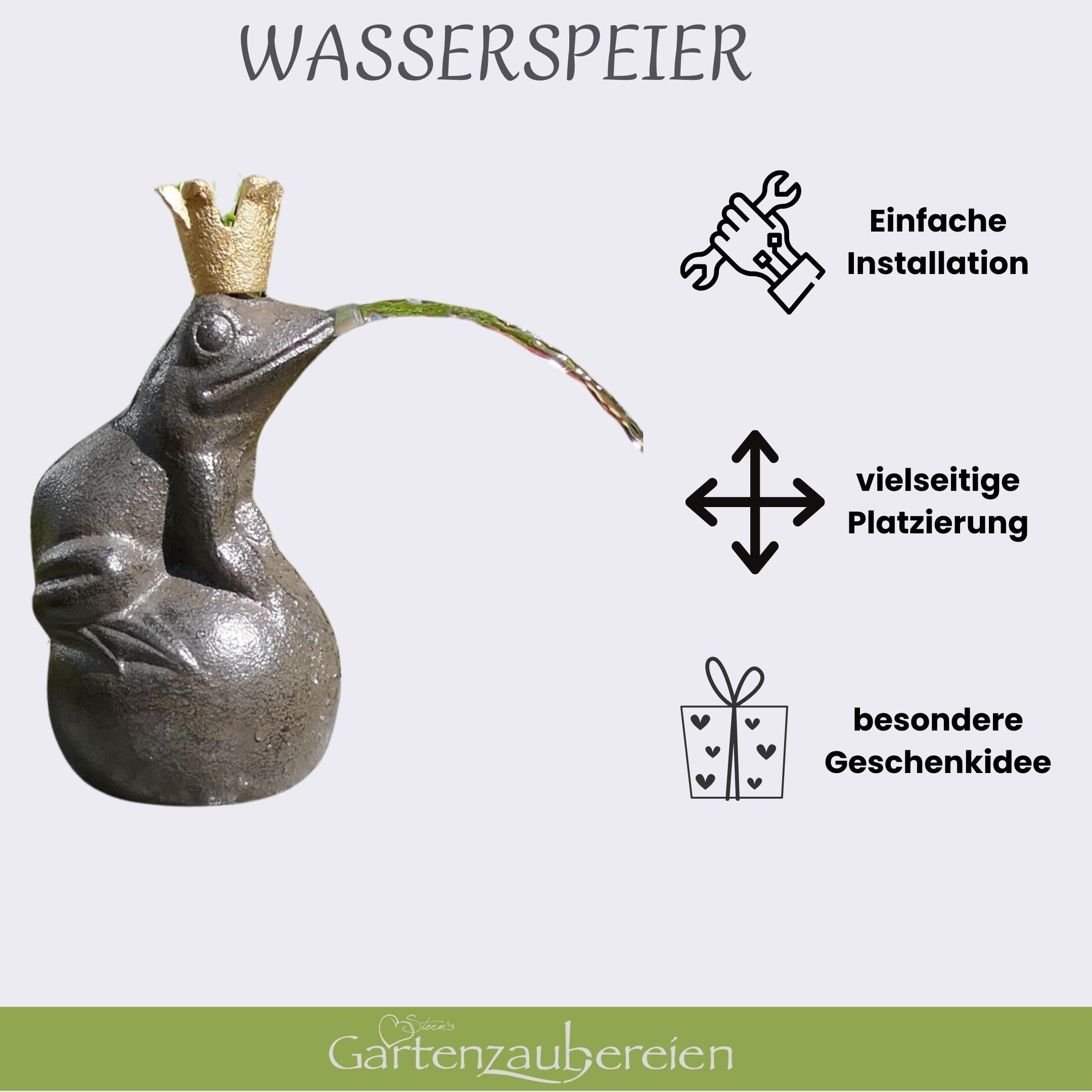 Storm's Gartenzaubereien Wasserspeier Froschkönig auf Kugel mit Solarpumpe 19cm für Miniteich als Teichdeko - Gartendeko
