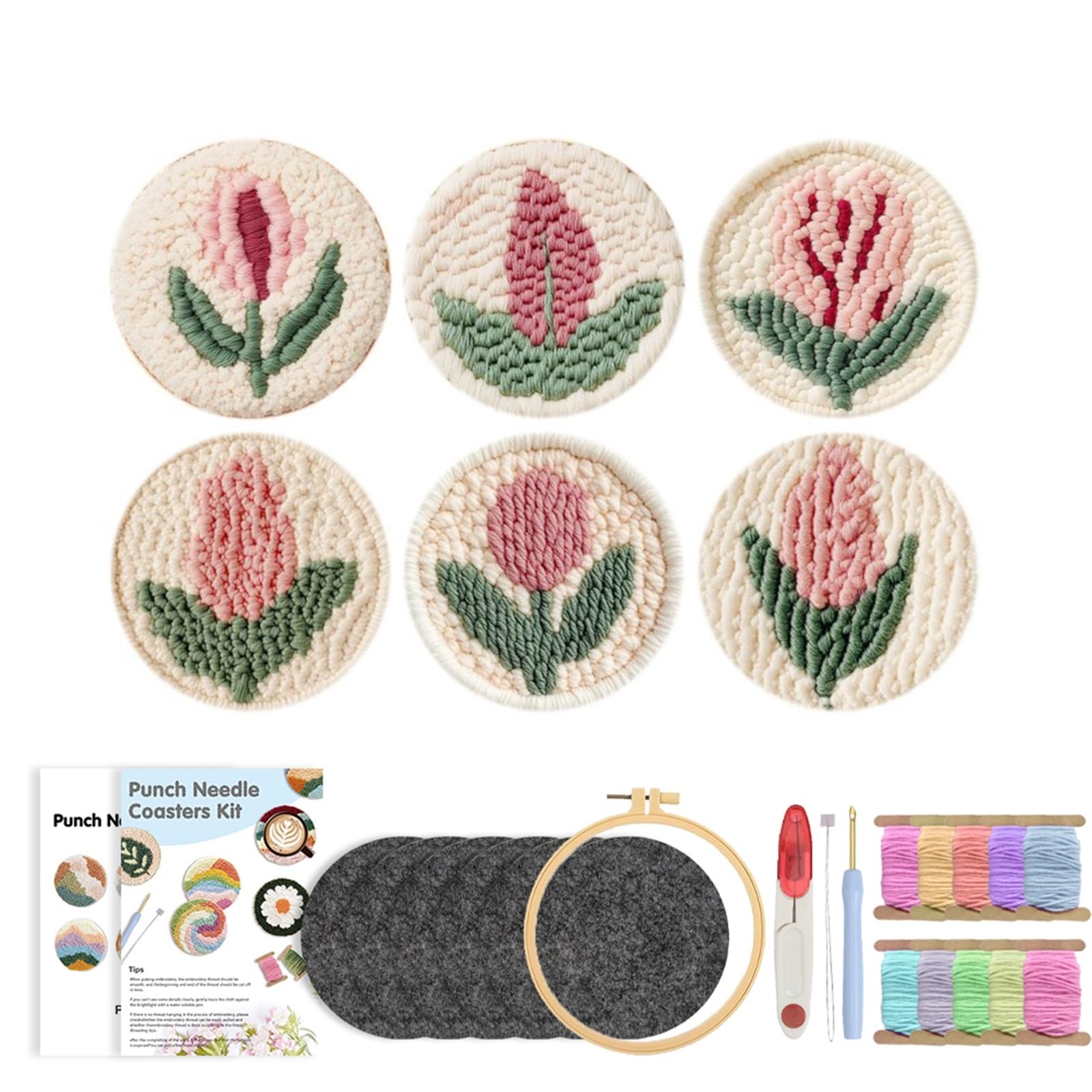 1set Punch Needle Coasters Kit For Beginners Plant Pattern Embroidery Kits Easy Tufted Rug Decoration for DIY(Color5)
