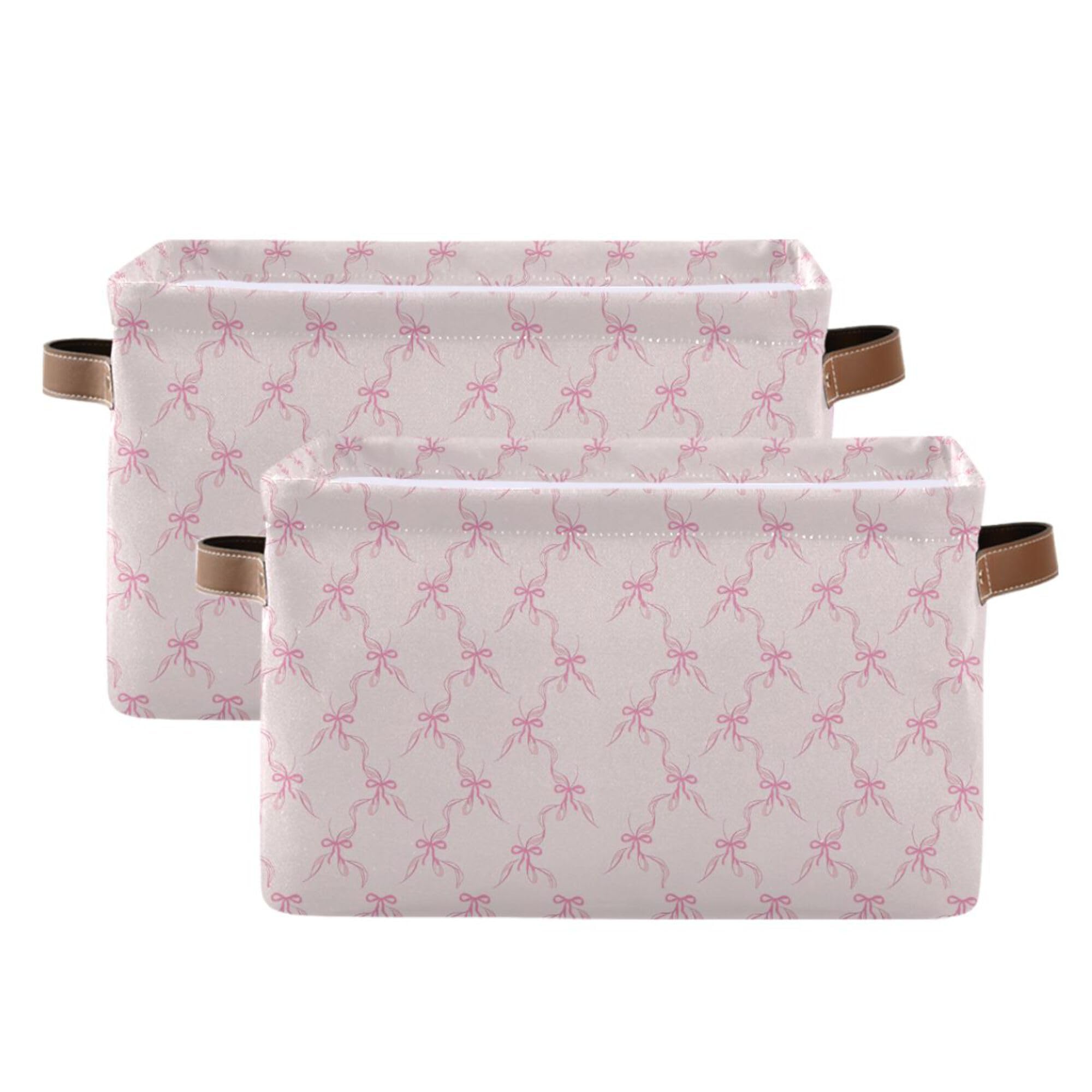 Wamika Pink Bowknot Storage Basket with Waterproof Liner and PU Handles Bow Coquette Storage Bins Boxes 14.2" Collapsible Decorative Organizer Baskets for Bedroom Closet Office 2 Pack