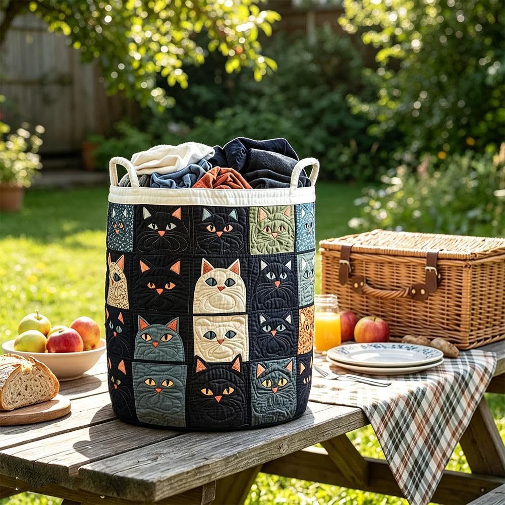 Cat Quilted Laundry Basket - Large Quilted Cat Laundry Basket with Handles,Boho Floral Fabric Storage Hamper,Soft Collapsible Quilted LaundryBasket for Nursery, Bedroom, LaundryRoom,Clothes & Toys