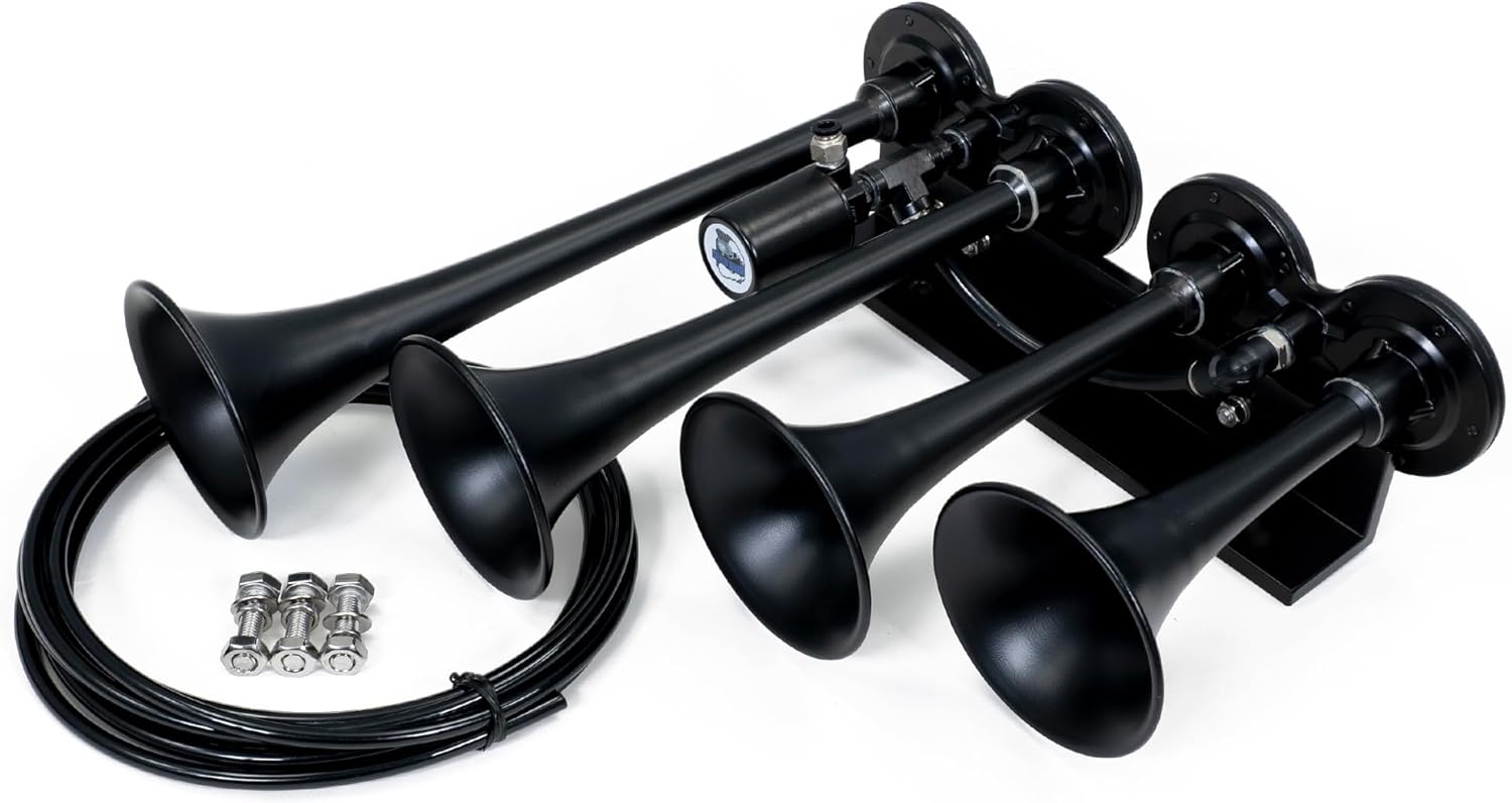 HornBlasters The Rage 4-Chime Air Horn – 12V, 142 dB Universal Air Horn with Pre-Installed Valve – Extremely Loud for Cars & Trucks