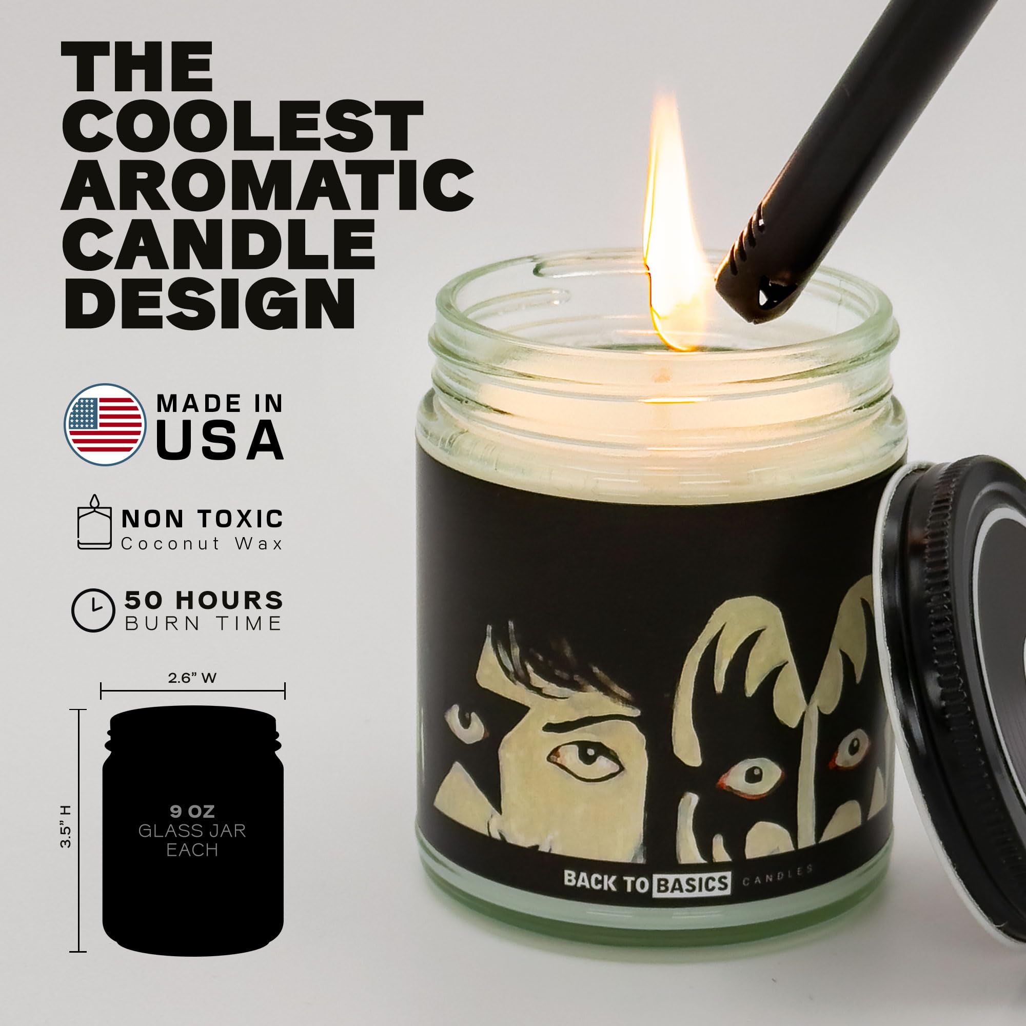 KISS - Juego de velas prémium | Velas Back to Basics - 3 velas aromáticas de cera de coco de soja vegana para fanáticos del rock & roll, merchandising, decoración del hogar, regalos de cumpleaños para
