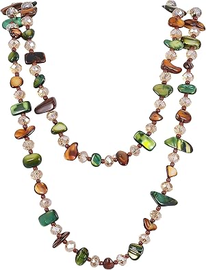 Vintage Layered Beaded Necklace for Women Long Irregular Chunky Beads Necklace for Earth Cloth Bohemian Amber Handmade Necklace Boho Green Glass Beads Necklace for Beach Earthy Jewelry Accessories