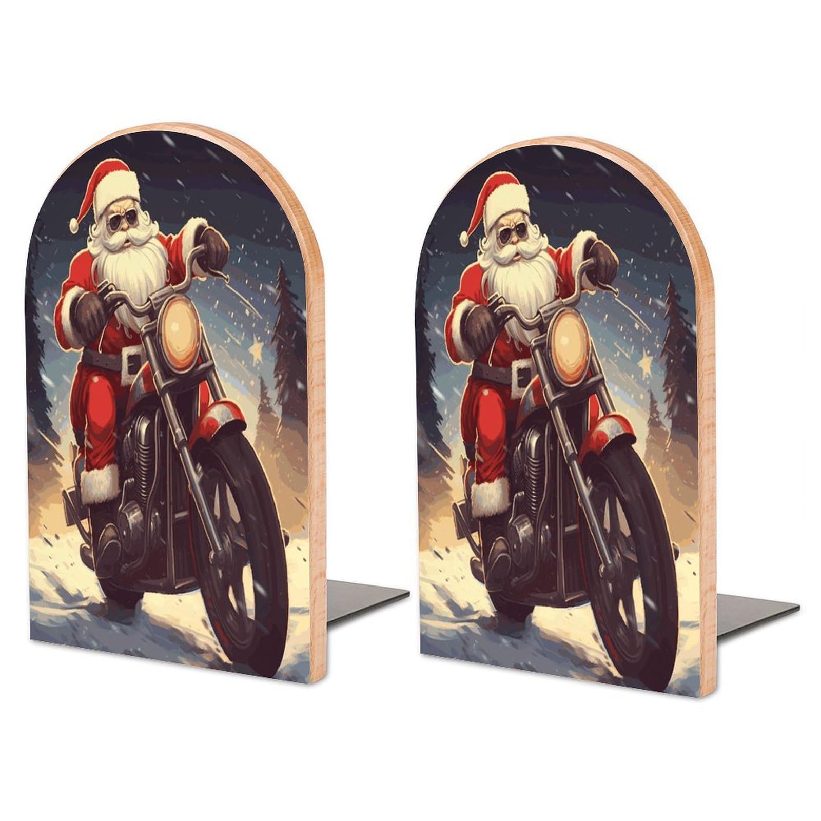 Santa Claus Biker Riding Bookend for Shelves Non-Skid Book Holder Modern Heavy Duty Bookend Stopper Metal Base Wood Book End Books Shelf Holder Home Decorative 1pair 6.7x3.9x4.7