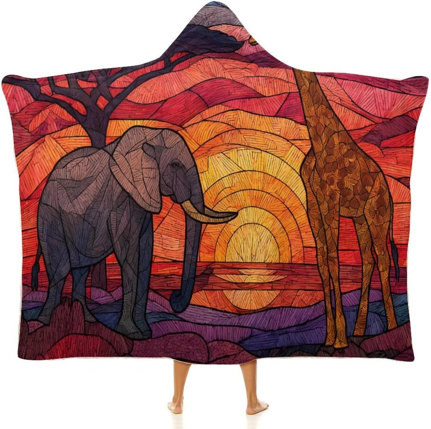 African Savannah Giraffe Elephant Wearable Blanket Hoodie | Flannel Fuzzy Machine Washable Home Camping Lounging