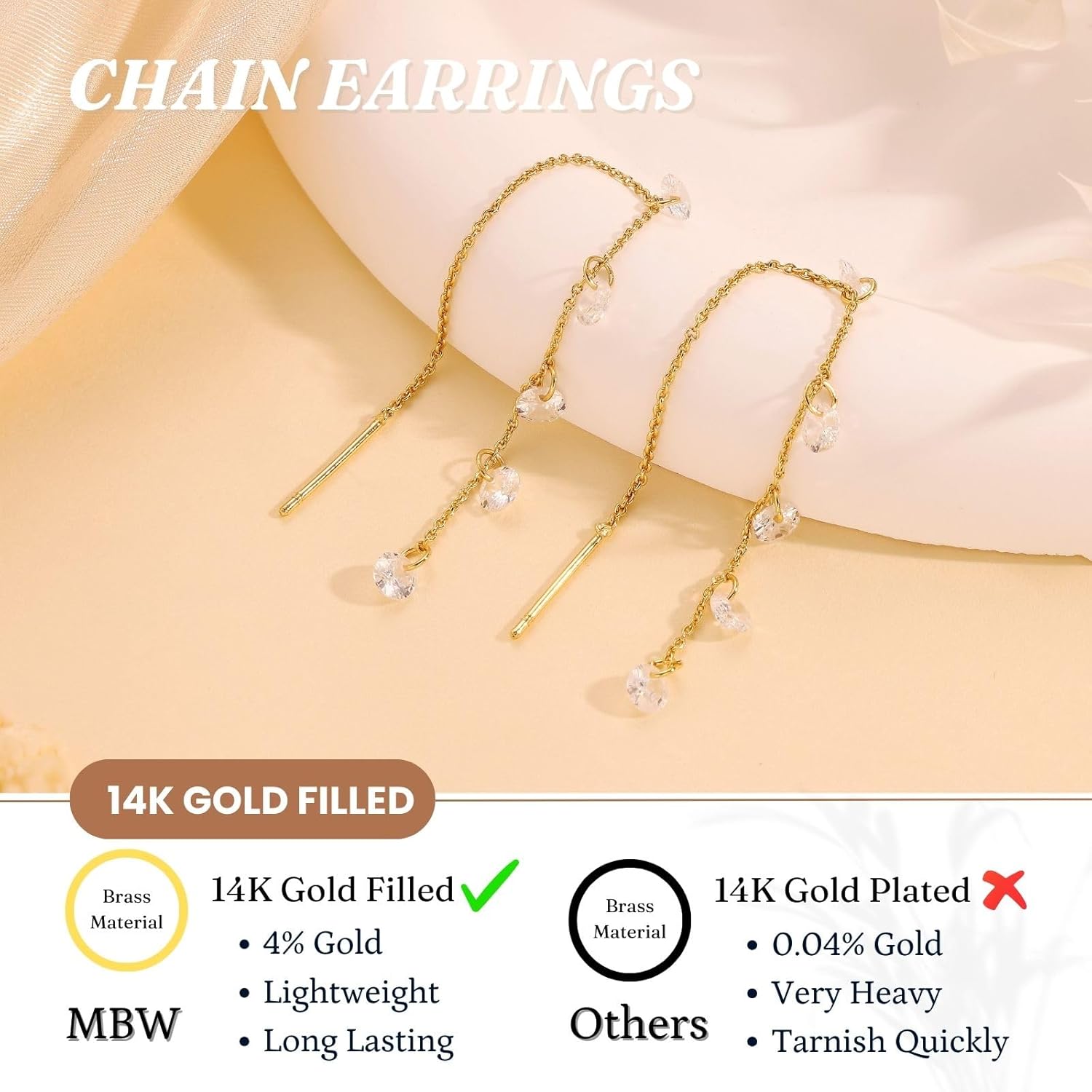 MBW Gold Plated Threader Earrings for Women, 14K Dangle Long Chain Drop Earrings Dangling, Dainty Elegant Dangly Ear Chain with Tassel and Cubic Zirconia for Wedding Hoco Trendy Jewelry Accessories - Image 6