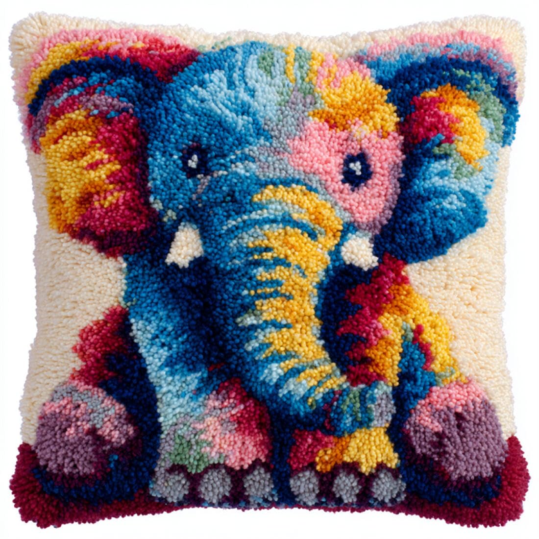 Kitquiver Animal Latch Hook Craft Kits Colorful Elephant DIY Latch Hook Kits Pillow Printed Cushion Crochet Yarn 3D Embroidery Set Pillowcase Rug Home Decor 17x17In