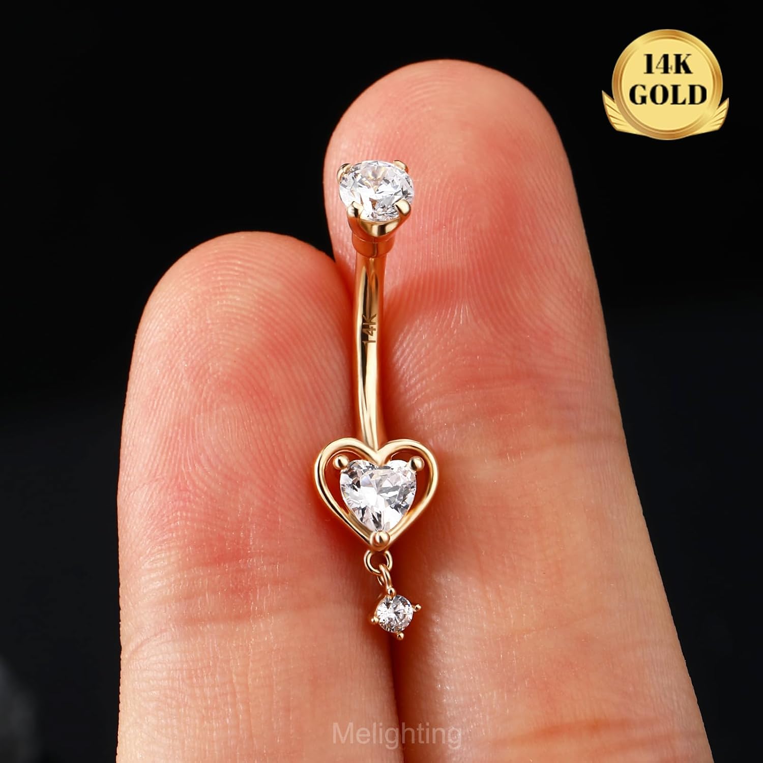 Melighting 14K Solid Gold Belly Button Ring Heart Belly Ring Gold Dangle Belly Piercing Jewelry 14G Navel Ring for Women - Image 2