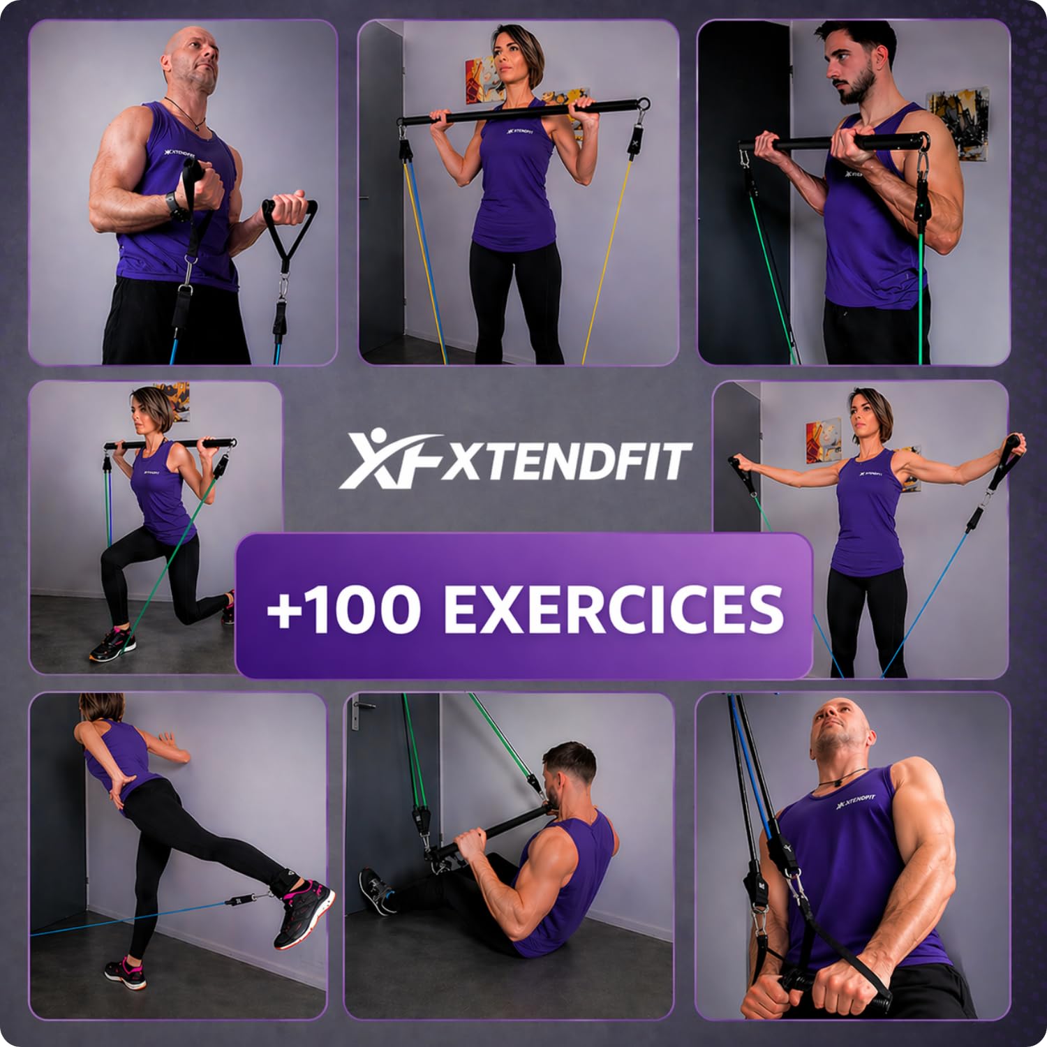 XTENDFIT Kit Musculation Élastique 10 Bandes Résistance 170kg Barre Renforcée