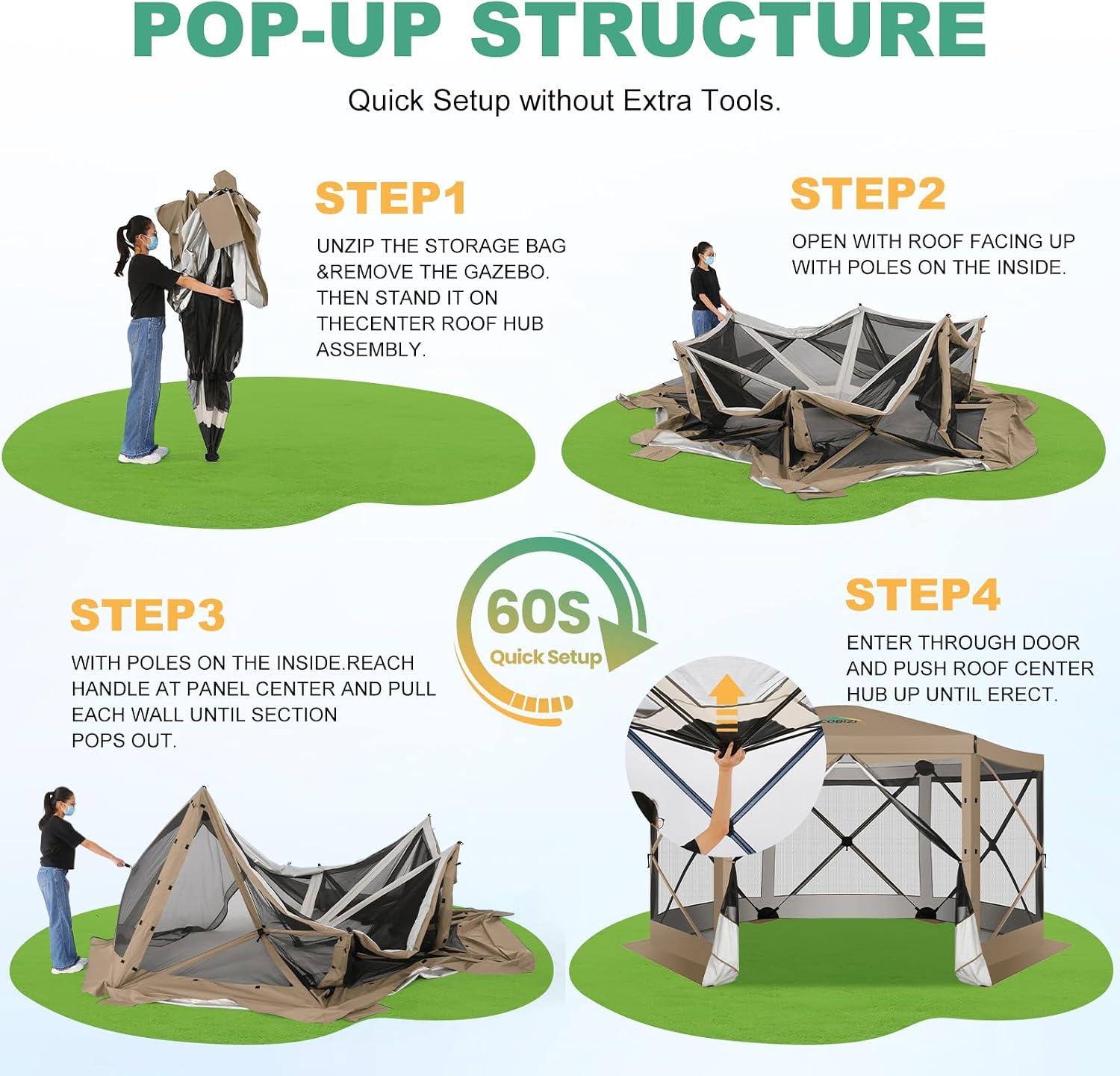 COBIZI 12x12 FT Pop Up Canopy Extendable Tent, Gazebos On Clearance, Screened in Gazebo,Screen Tents Portable carpas para Patio for Outdoor Camping,Backyard, Garden, Khaki(Upgraded)