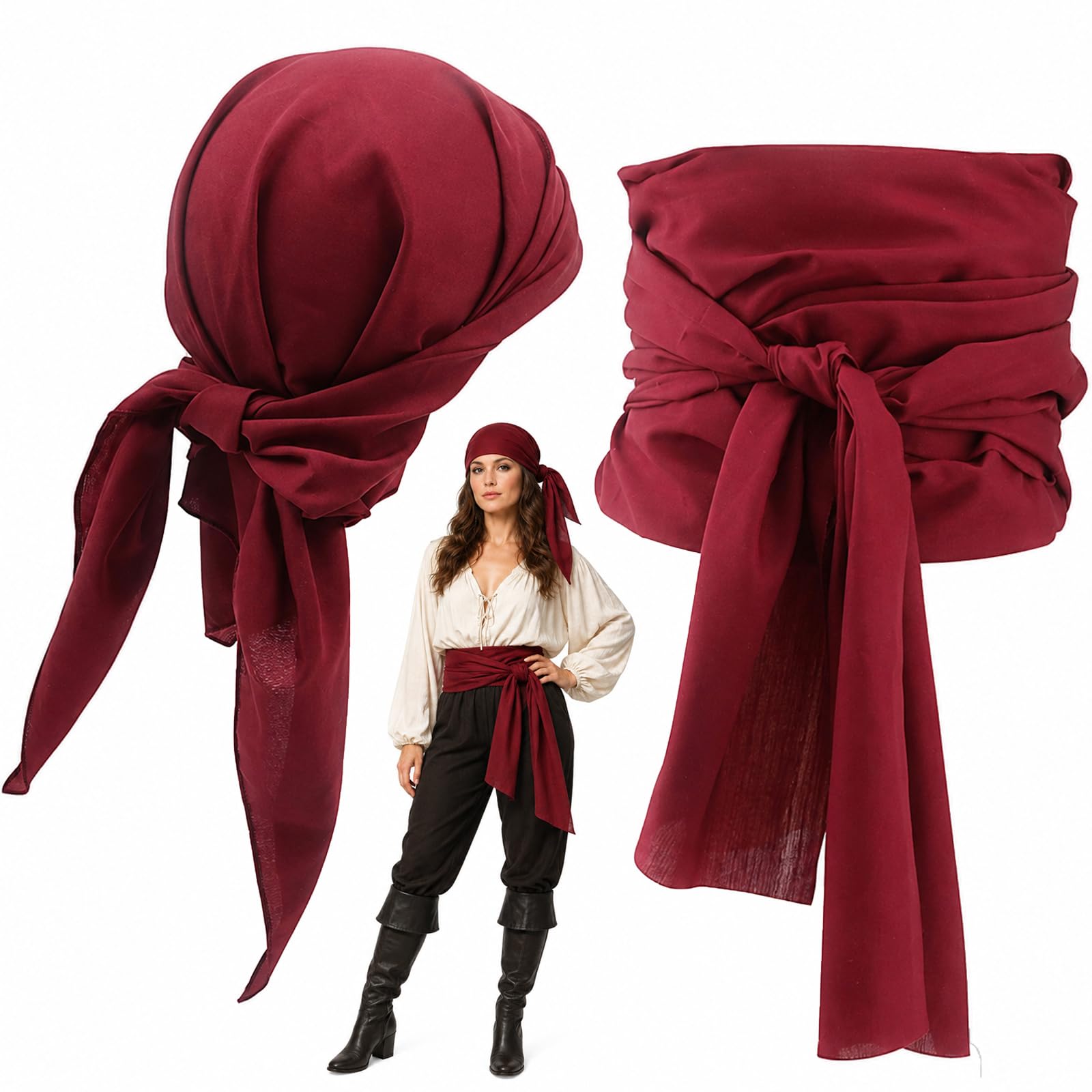 Women's Pirate Headscarf and Belt Set, Red Linen, 2-Pack Accessories