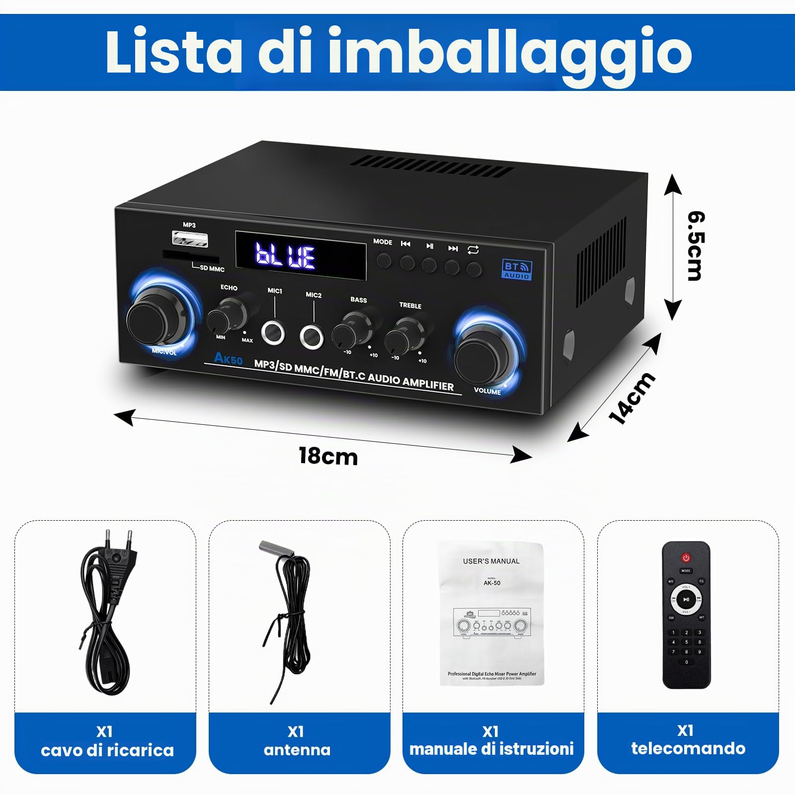 Amplificatore Audio HiFi1000W Max 2 Canali - Bluetooth 5.3 | Display LCD, Alimentazione 12V/220V - Supporta USB/SD/FM/RCA - Per Casa, Auto e Karaoke - Con Telecomando Incluso