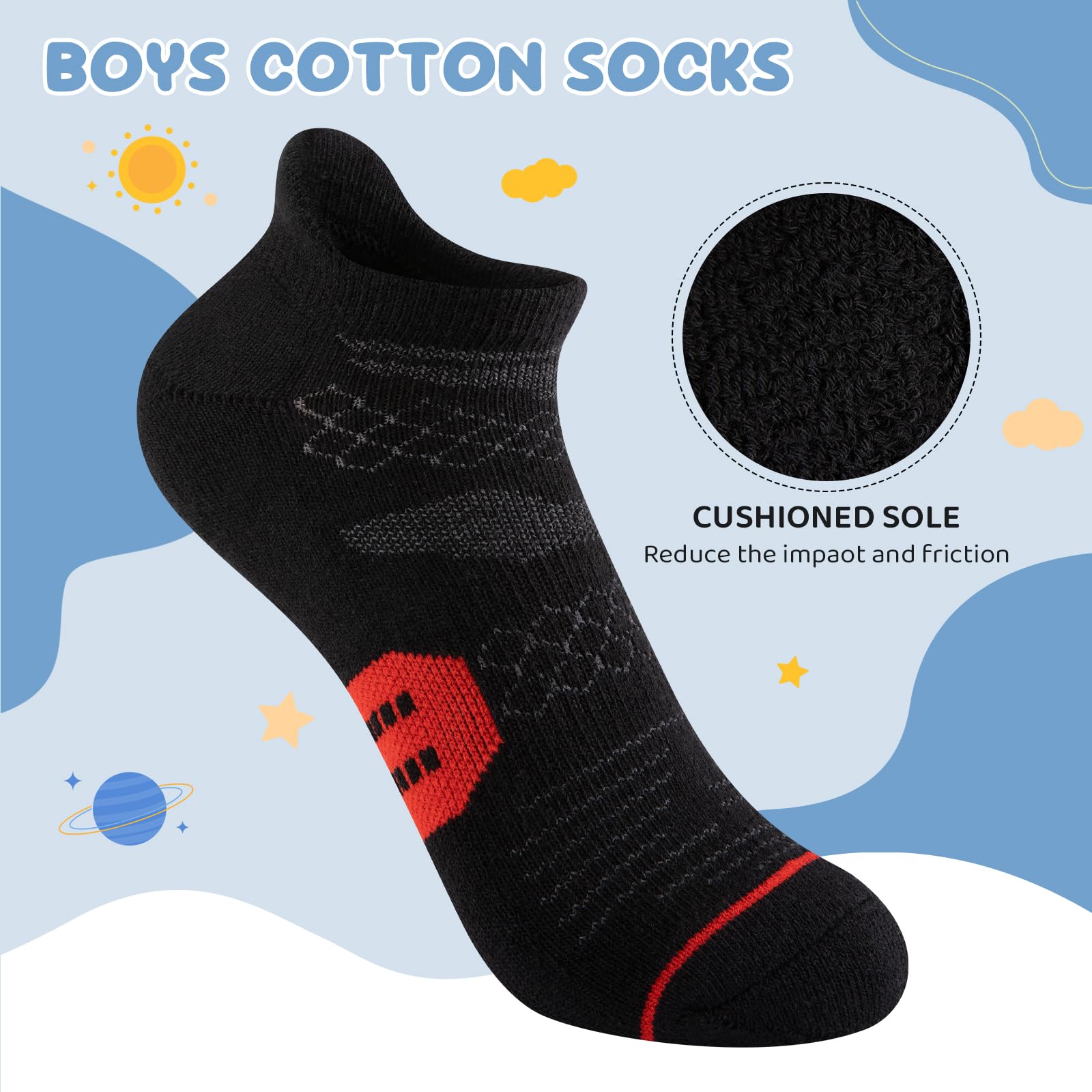 Comfoex Boys Socks Ankle Athletic Cotton Sports Socks With Cushioned Sole Big Little Kids 6-8 8-10 Years Old 6 Pairs